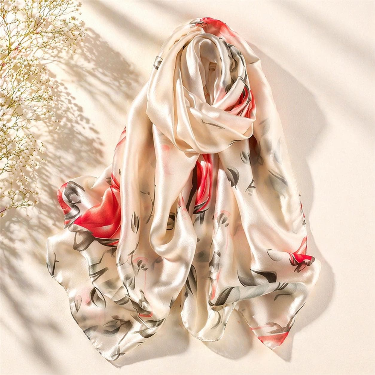 Floral Satin Silk Scarf Women, Lightweight Elegant Headscarf Wrap (180x90cm), Gift for Her - image 3
