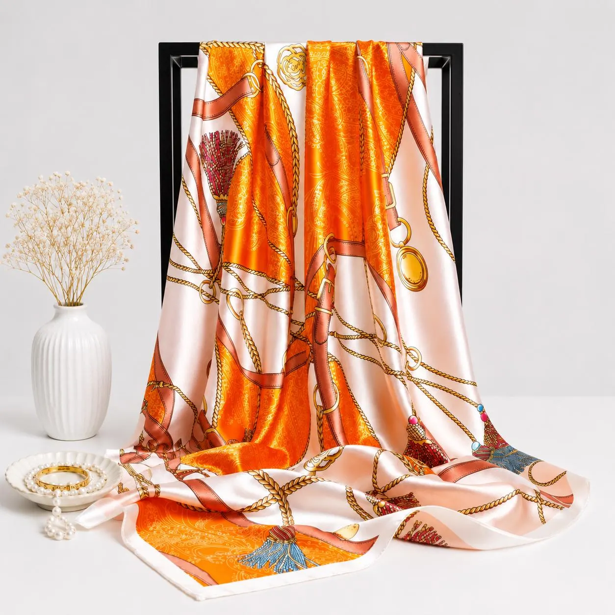 Floral Satin Silk Scarf Women, Elegant Square Hijab, Hair Wrap Bandana, Soft Shawl