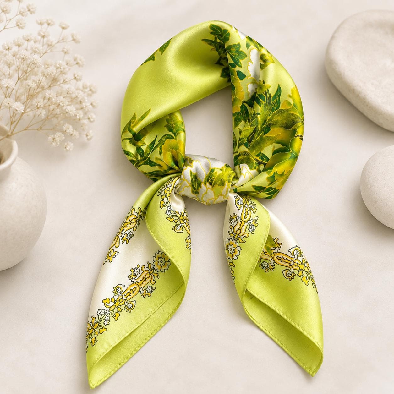 Floral Satin Square Scarf 70x70cm, Elegant Hair Wrap Bandana Gift for Her