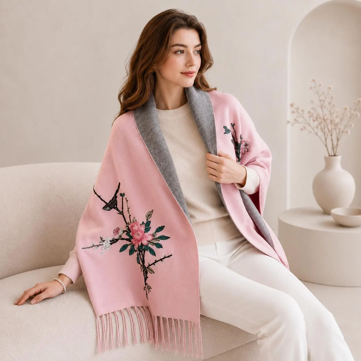Women Embroidered Ruana Cape, Floral Shawl Wrap, Cozy Kimono Poncho with Fringe, Reversible Winter Wrap, Elegant Gift for Her - image 5