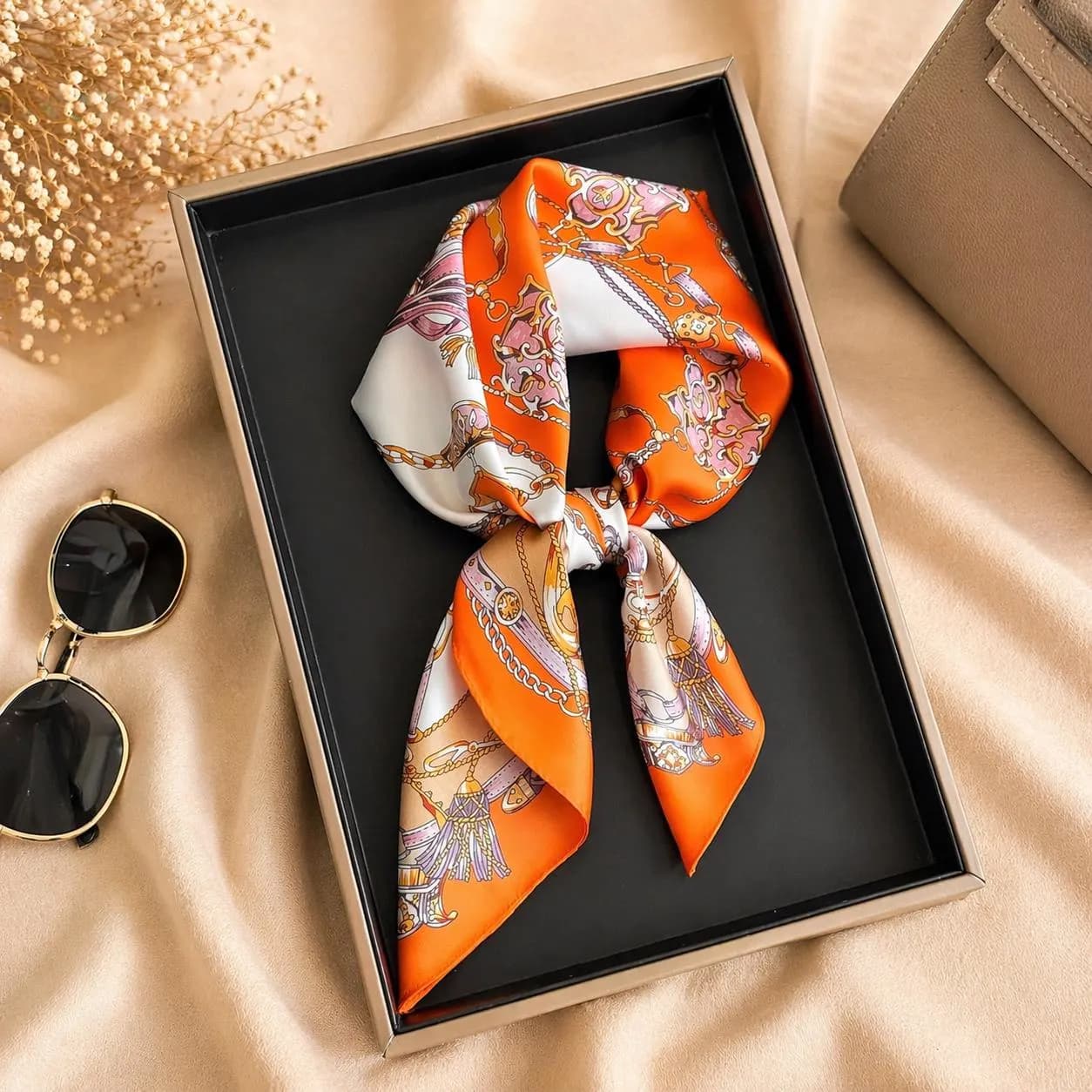Silk Satin Scarf, Women's Chain Print Square Headscarf, Elegant Hijab Wrap - image 4
