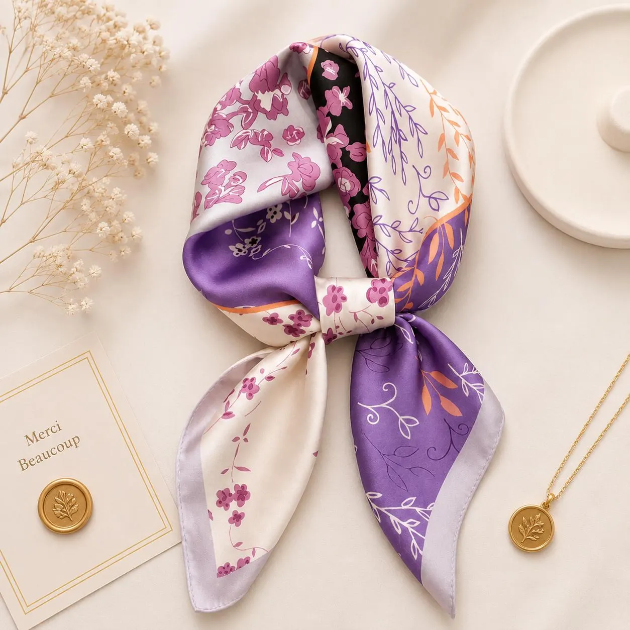 Floral Satin Square Scarf 70x70cm, Elegant Hair Wrap Bandana Gift for Her - image 2
