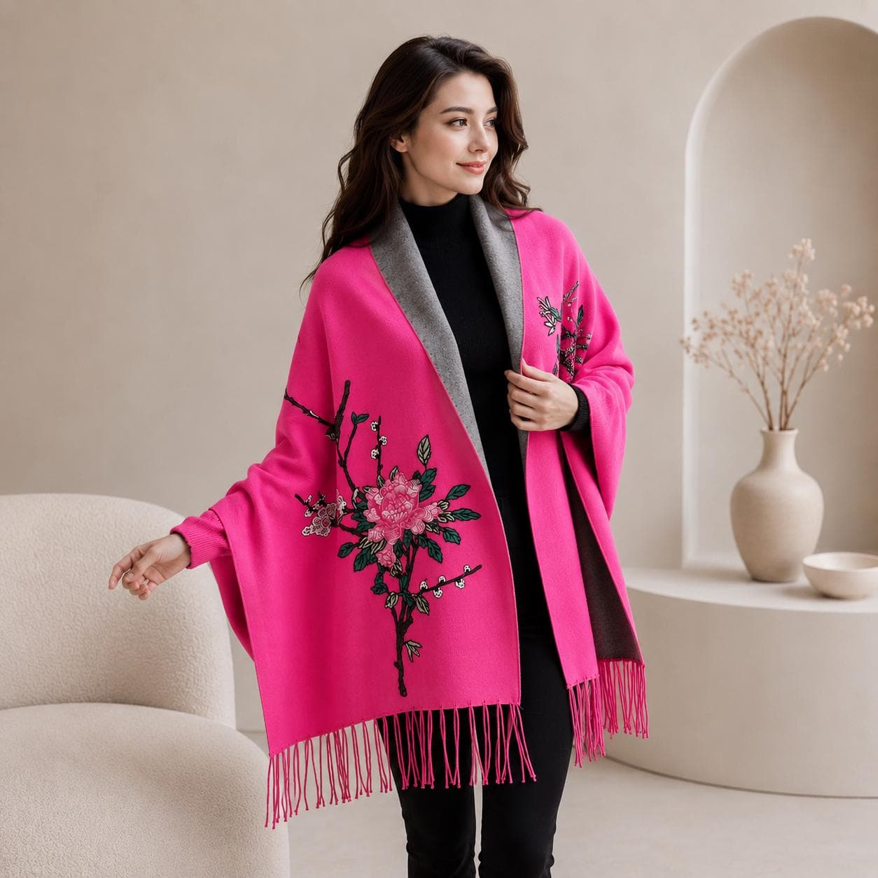 Women Embroidered Ruana Cape, Floral Shawl Wrap, Cozy Kimono Poncho with Fringe, Reversible Winter Wrap, Elegant Gift for Her