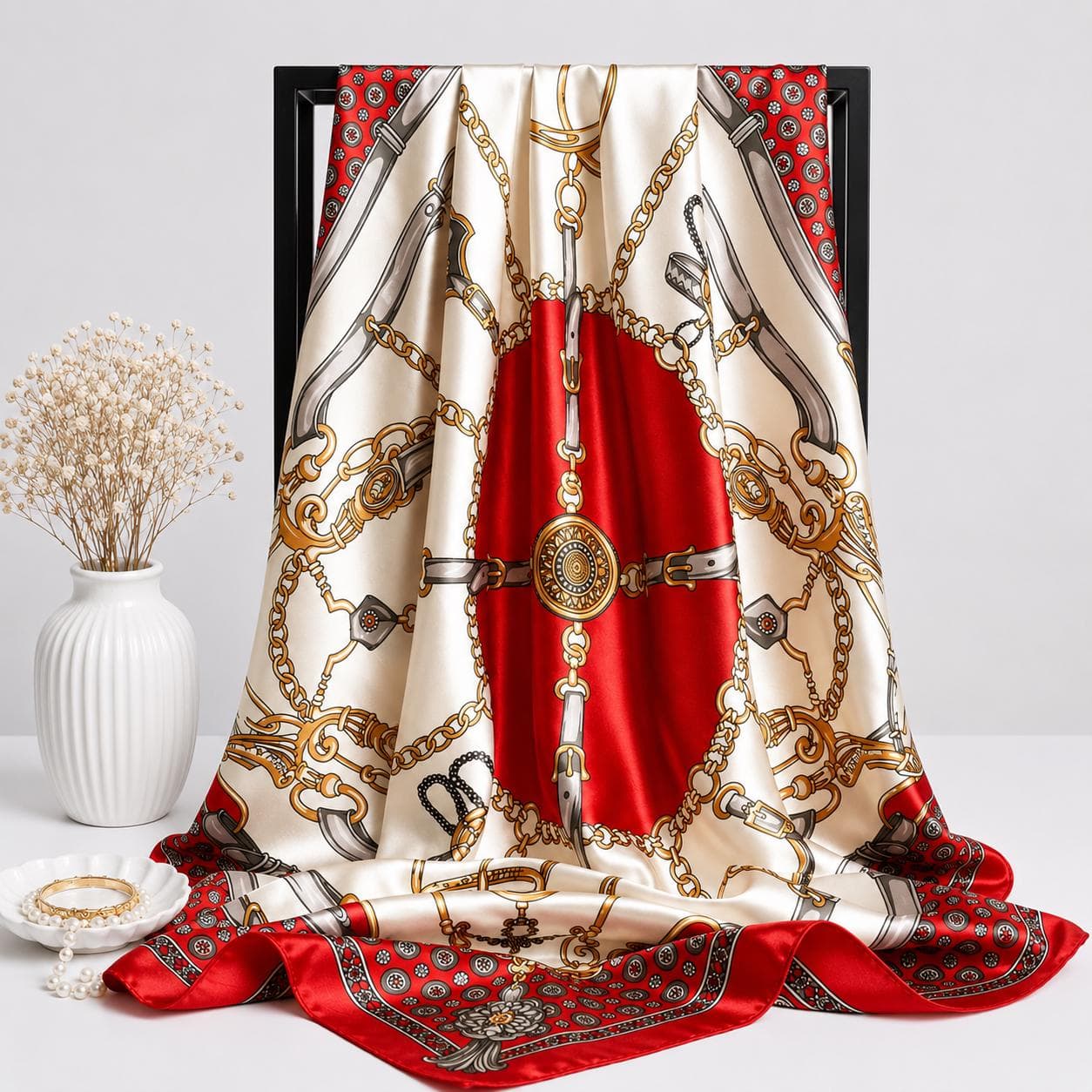 Floral Satin Silk Scarf Women, Elegant Square Hijab, Hair Wrap Bandana, Soft Shawl - image 2