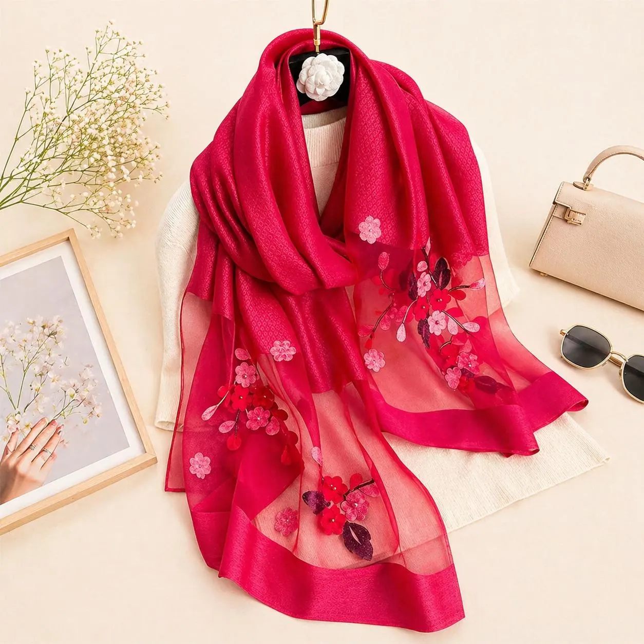 Floral Embroidered Silk Scarf, Lightweight Sheer Pashmina Shawl, Women's Headscarf Wrap Gift for Her