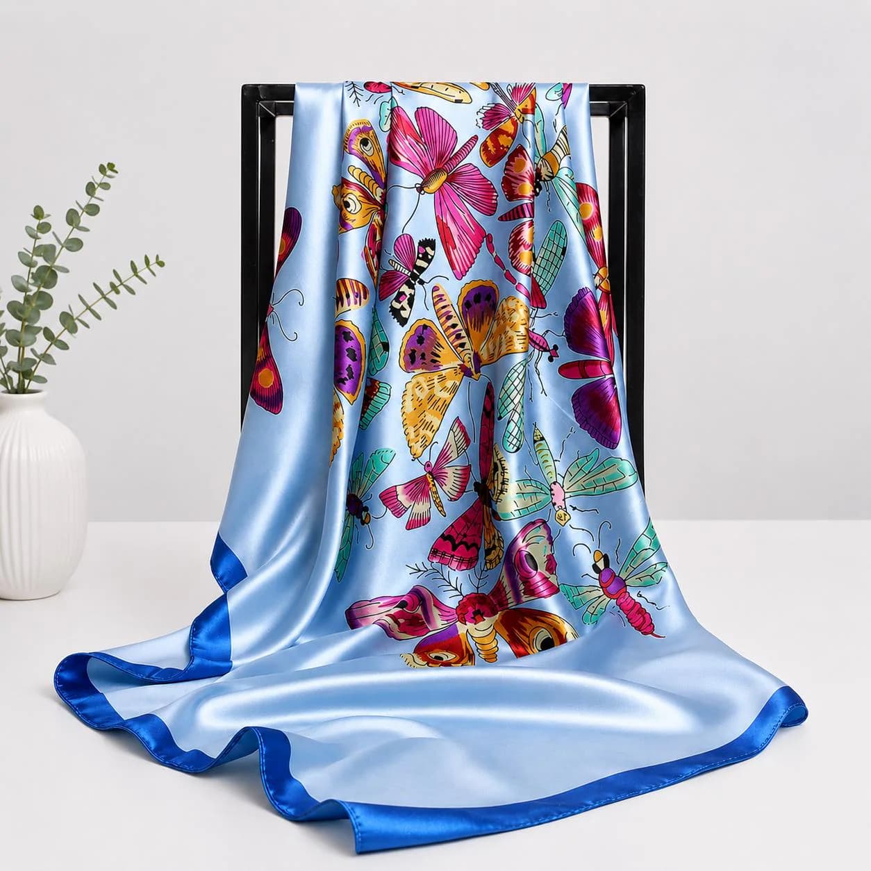 Satin Silk Butterfly Print Square Scarf, Lightweight Floral Head Wrap, Boho Shawl (90x90cm)