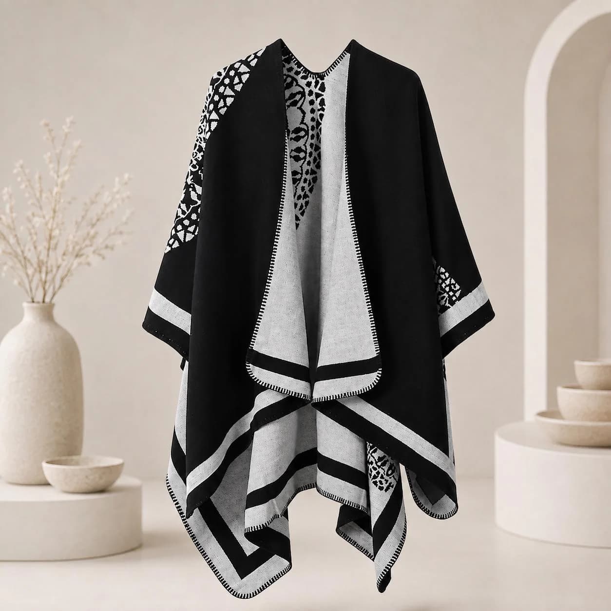 Women Reversible Ruana Cape, Open Front Poncho Cardigan, Soft Shawl Wrap, Cozy Cape, Elegant Layering Wrap - image 5