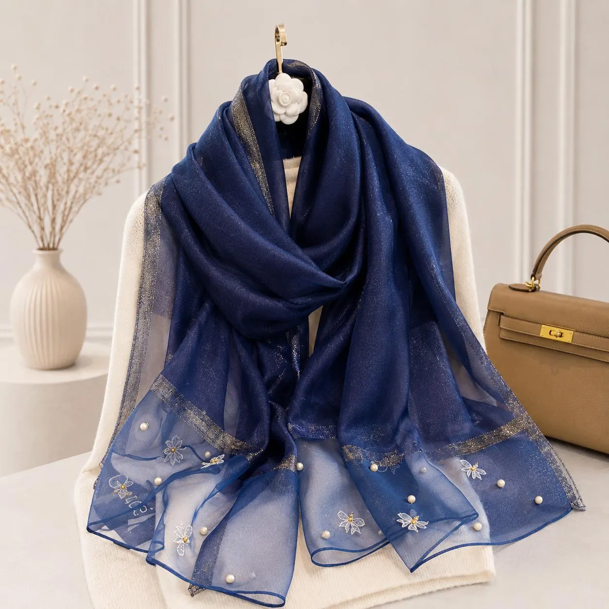 pearl Embellished Floral Organza Scarf, Sheer Wedding Shawl, Elegant Bridal Wrap, Formal Evening Scarf, Gift for Her - image 2
