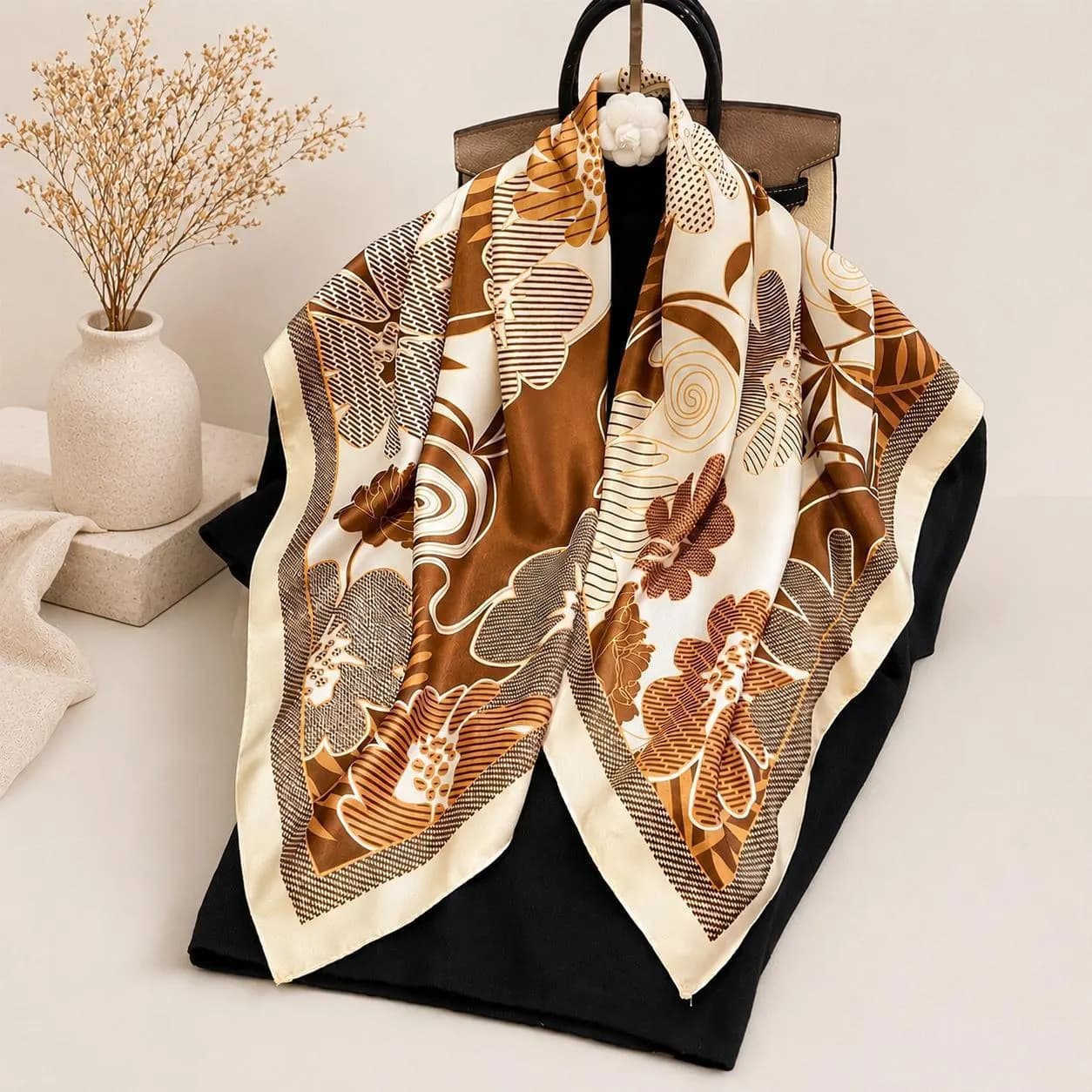Floral Silk Scarf Shawl: Elegant Satin-Feel Headscarf Bandana Wrap, Elegant Gift for Her - image 4