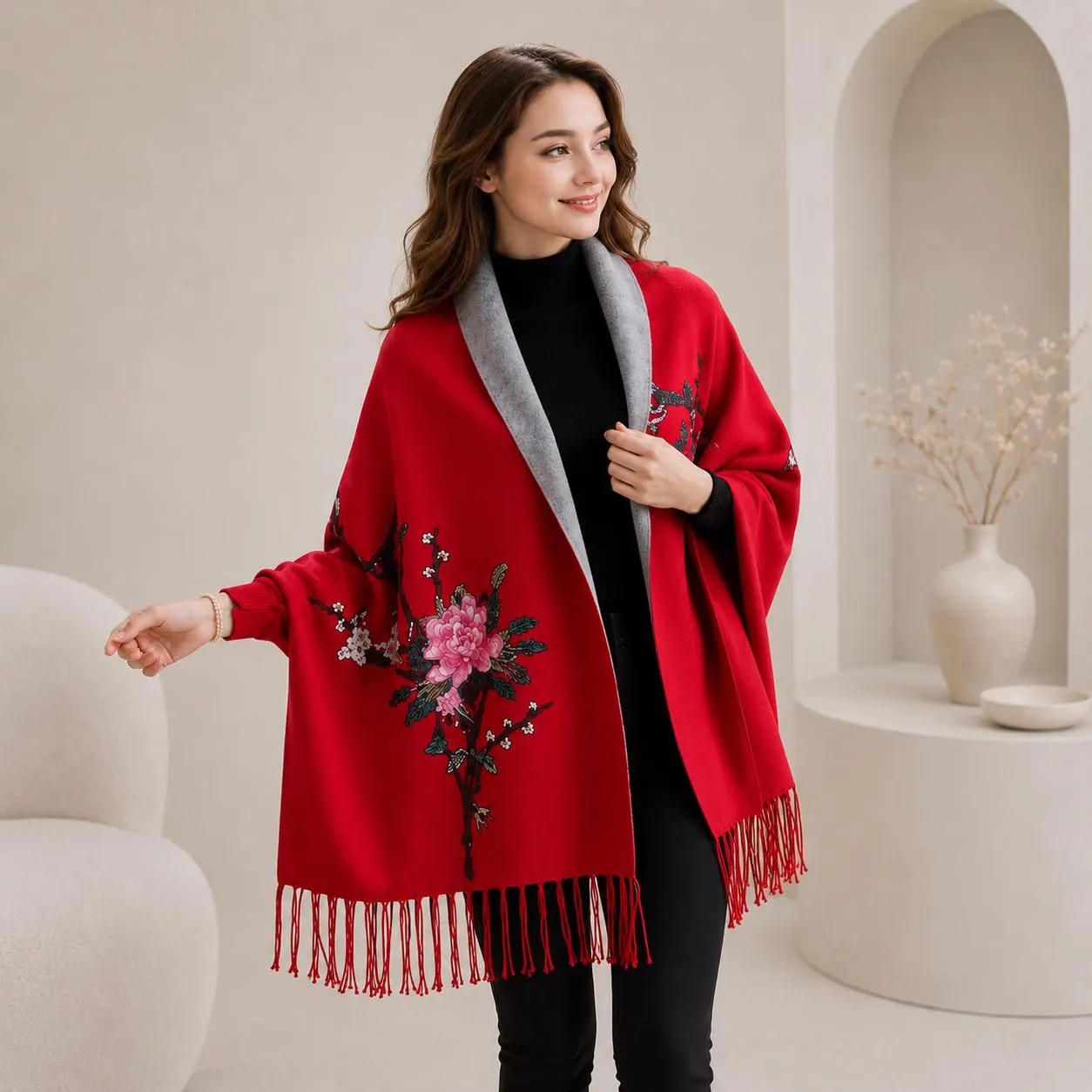 Women Embroidered Ruana Cape, Floral Shawl Wrap, Cozy Kimono Poncho with Fringe, Reversible Winter Wrap, Elegant Gift for Her - image 2