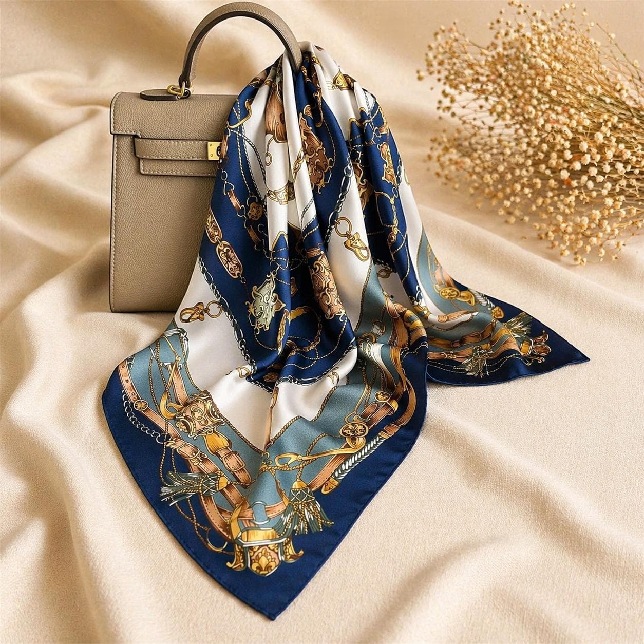 Silk Satin Scarf, Women's Chain Print Square Headscarf, Elegant Hijab Wrap - image 2