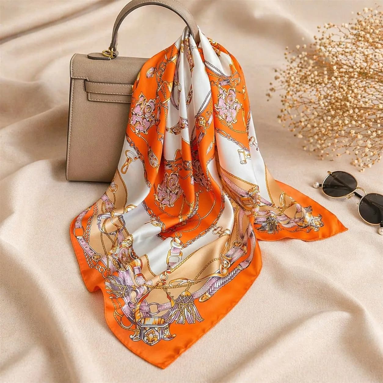 Silk Satin Scarf, Women's Chain Print Square Headscarf, Elegant Hijab Wrap - image 3