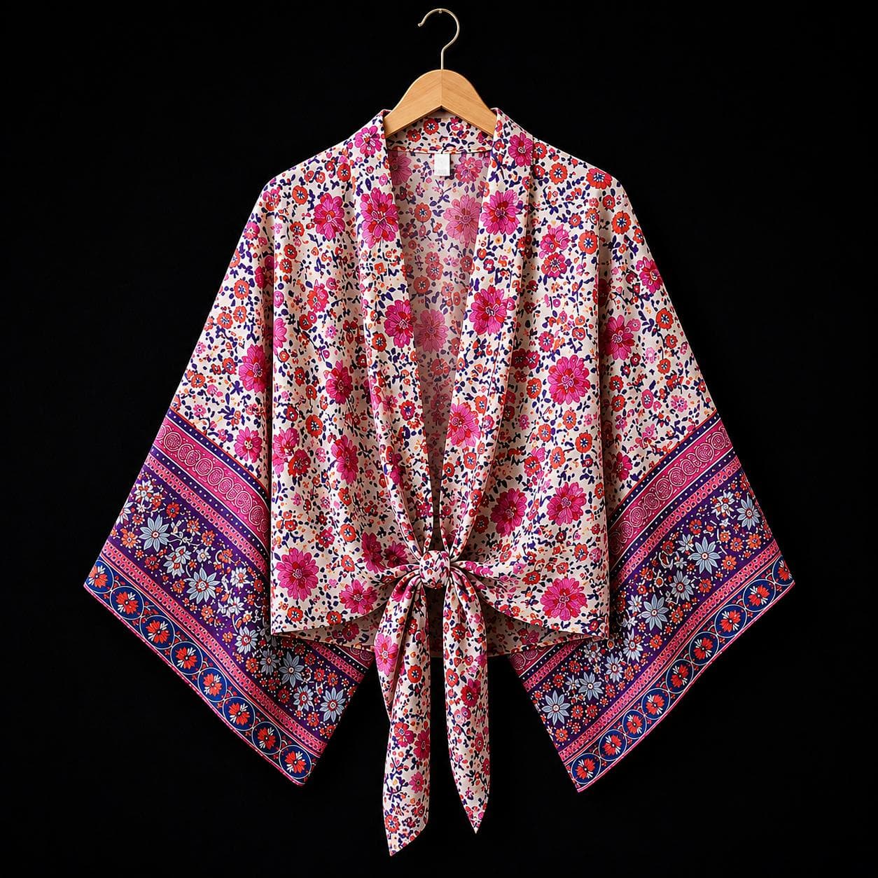 Boho Floral Kimono Top, Pink Tie Front Blouse, Floral Wrap Cardigan, Lightweight Beach Cover Up, Women Summer Kimono