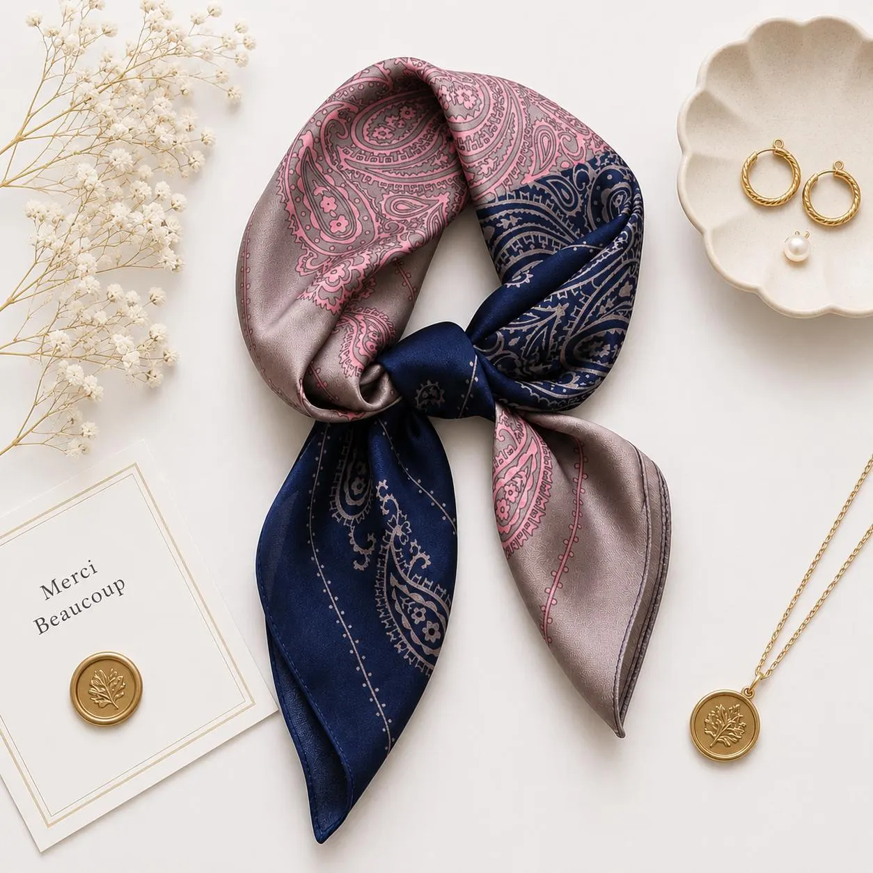Floral Satin Square Scarf 70x70cm, Elegant Hair Wrap Bandana Gift for Her - image 3