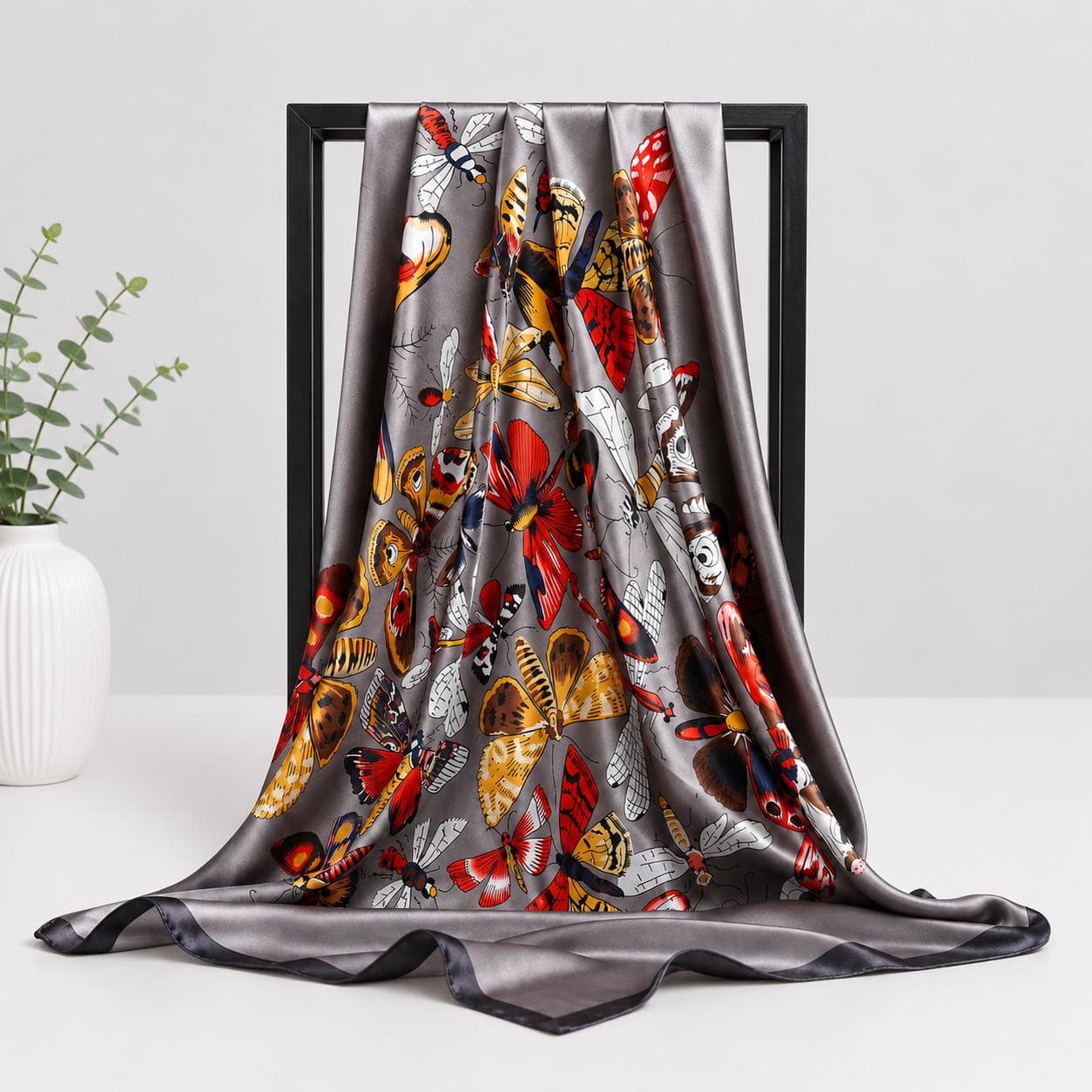 Satin Silk Butterfly Print Square Scarf, Lightweight Floral Head Wrap, Boho Shawl (90x90cm) - image 5