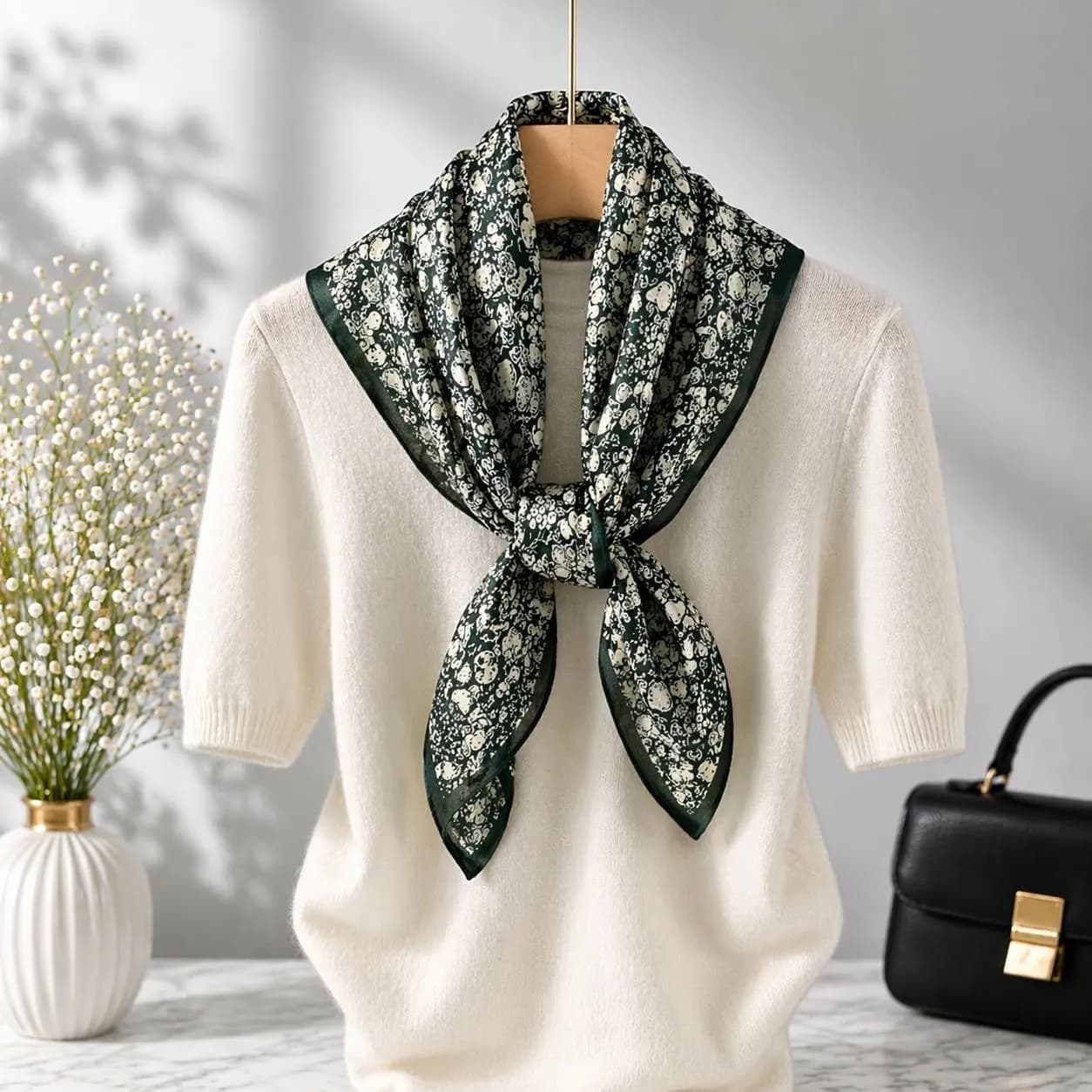 Floral Cotton Square Scarf, Lightweight Neck Headscarf, Elegant Fashion Accessory