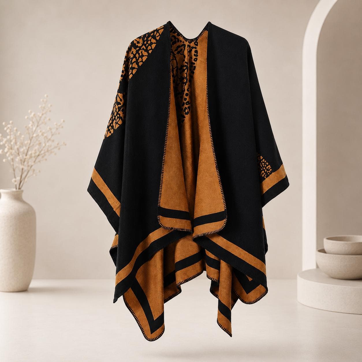 Women Reversible Ruana Cape, Open Front Poncho Cardigan, Soft Shawl Wrap, Cozy Cape, Elegant Layering Wrap - image 4
