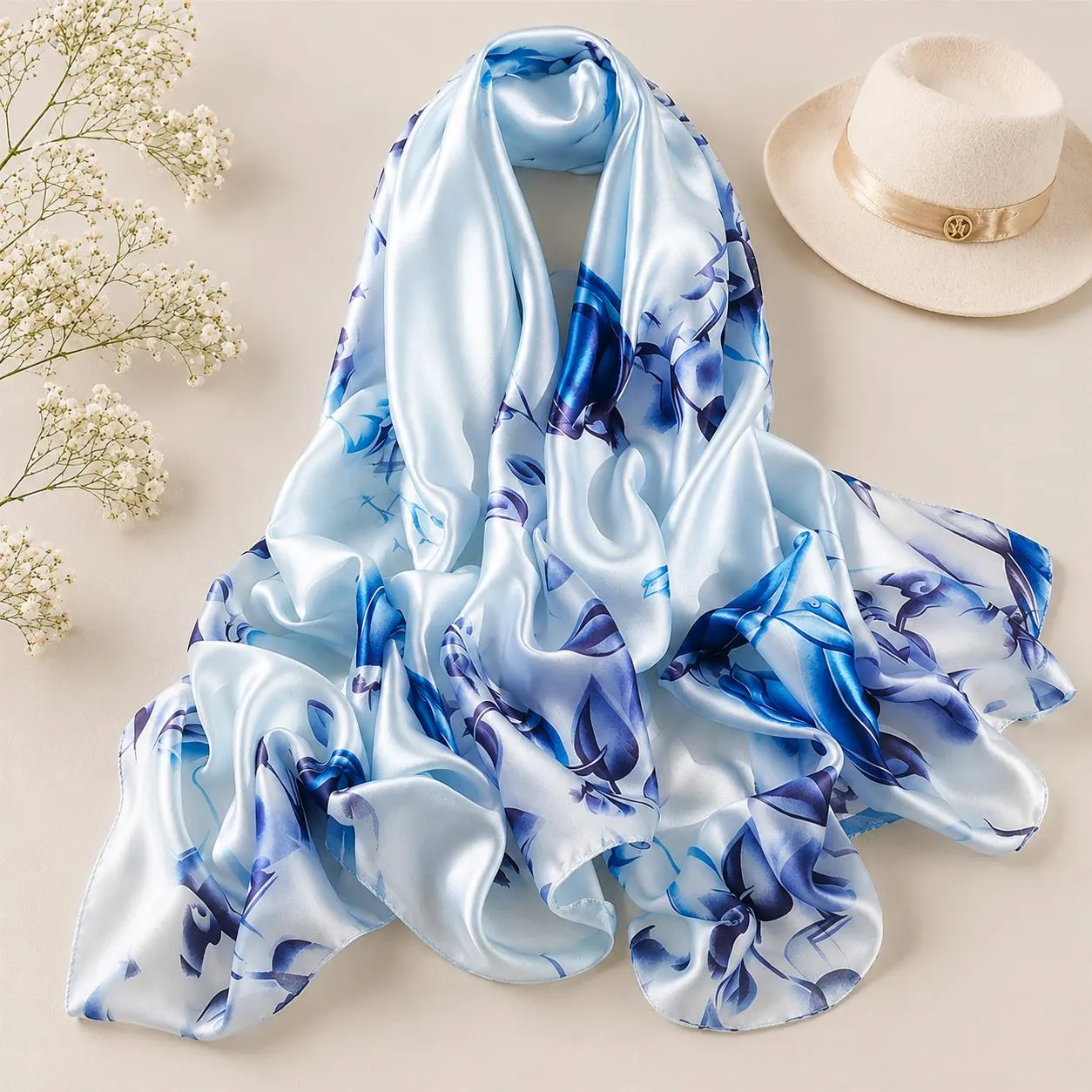 Floral Satin Silk Scarf Women, Lightweight Elegant Headscarf Wrap (180x90cm), Gift for Her