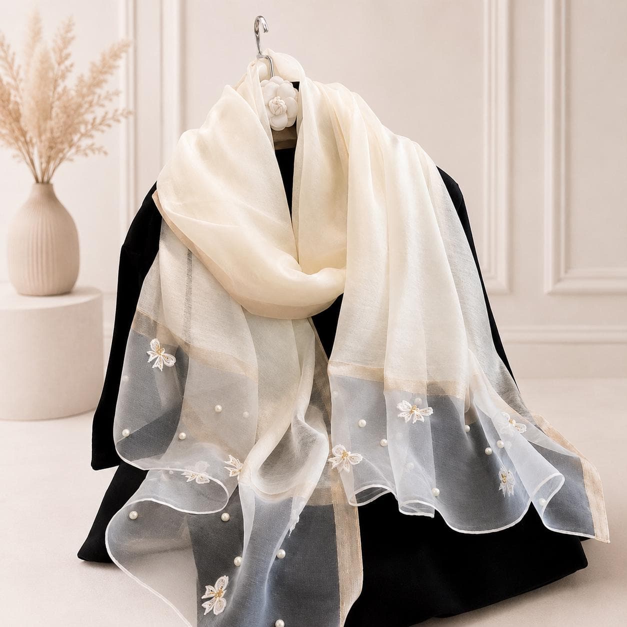 pearl Embellished Floral Organza Scarf, Sheer Wedding Shawl, Elegant Bridal Wrap, Formal Evening Scarf, Gift for Her - image 3