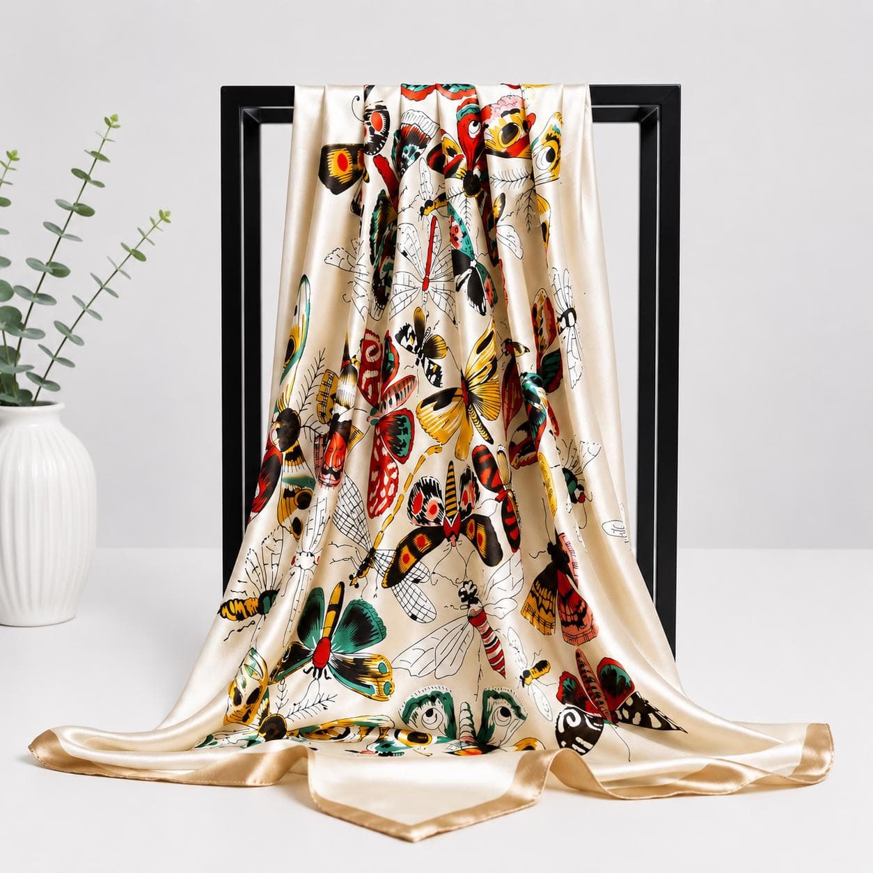 Satin Silk Butterfly Print Square Scarf, Lightweight Floral Head Wrap, Boho Shawl (90x90cm) - image 2