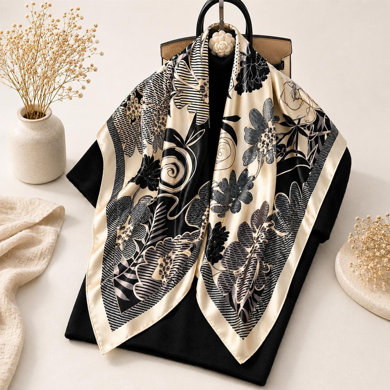 Floral Silk Scarf Shawl: Elegant Satin-Feel Headscarf Bandana Wrap, Elegant Gift for Her