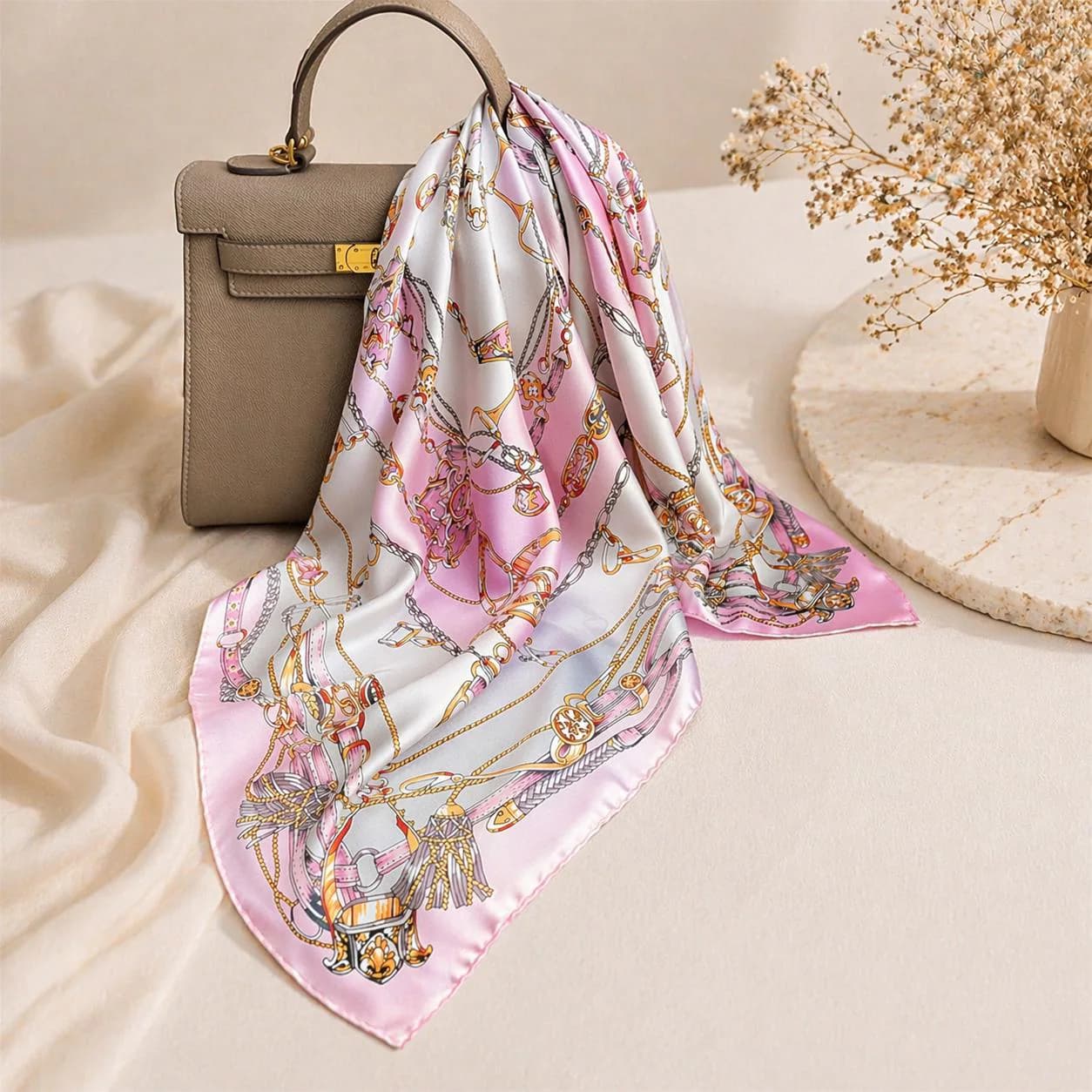 Silk Satin Scarf, Women's Chain Print Square Headscarf, Elegant Hijab Wrap