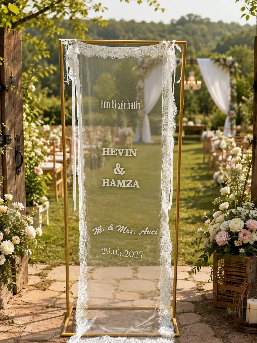 Lace Wedding Welcome Sign, Sheer Tulle Ceremony Banner, Vintage Personalized Entrance Decor, Custom Language