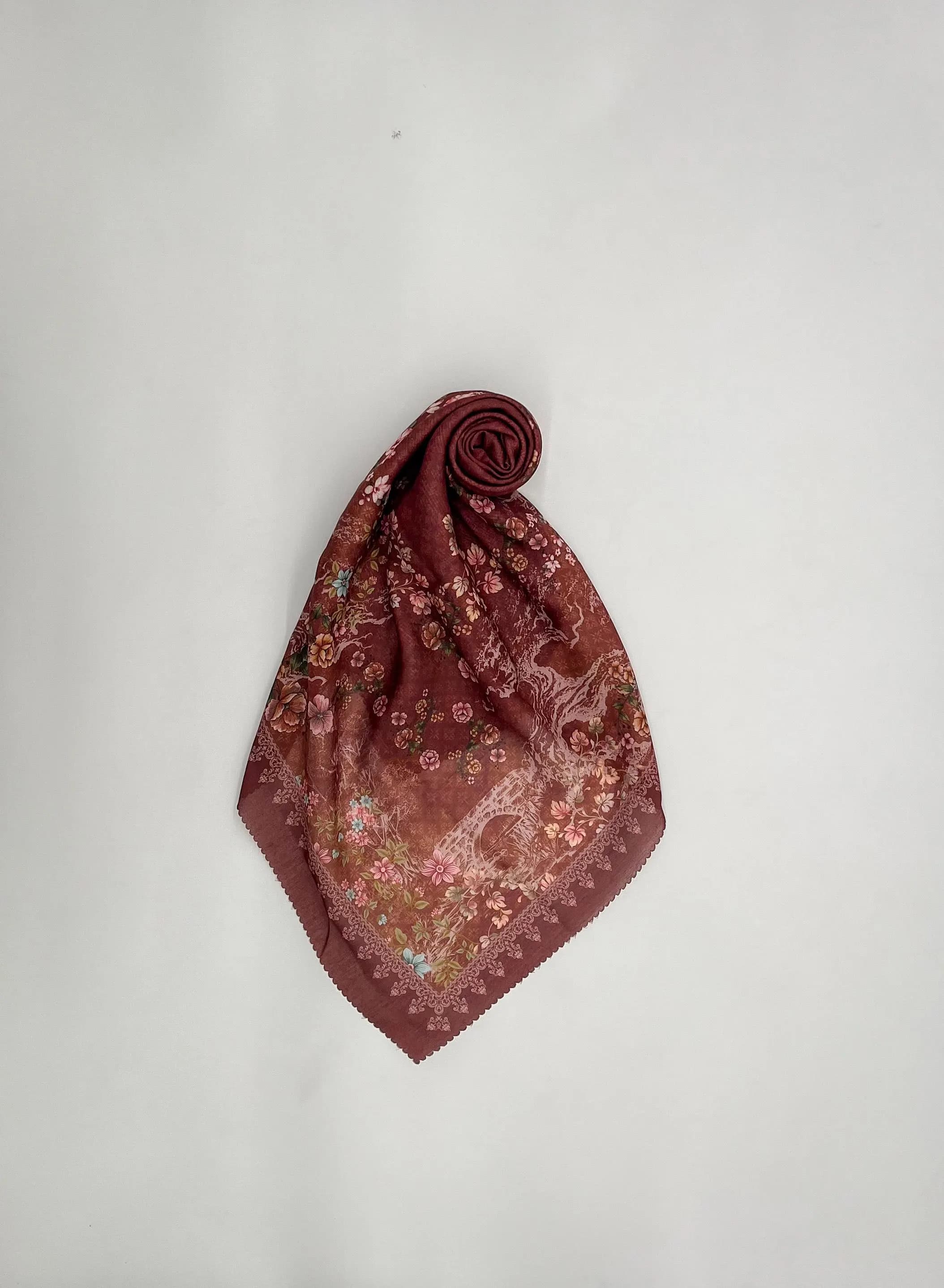 Brown Floral Stella Hijab Scarf | Lightweight Warm Wrap | Modest Fashion Headscarf | Printed Square Scarf