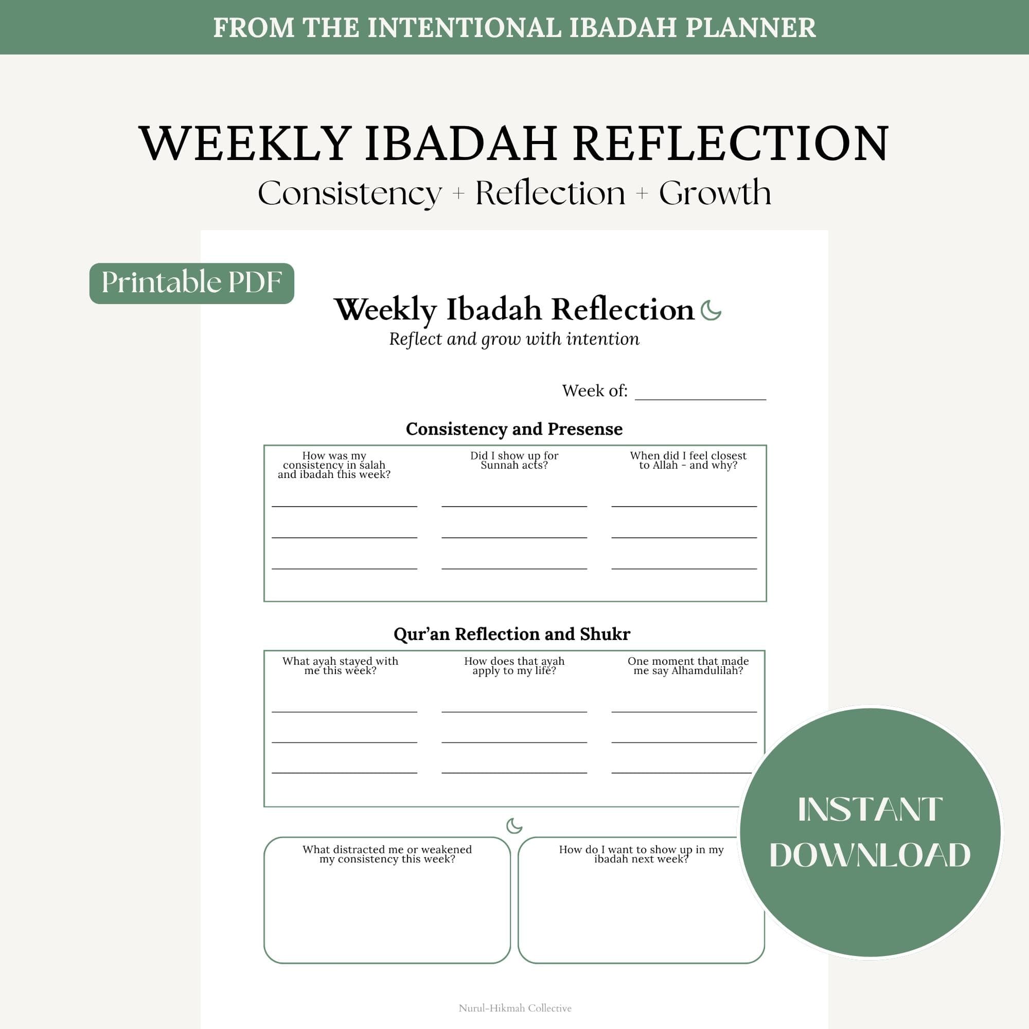 Weekly Ibadah Reflection Printable PDF, Islamic Planner Page, Muslim Weekly Review, Worship Tracker, Reflection Worksheet, Ibadah, Quran