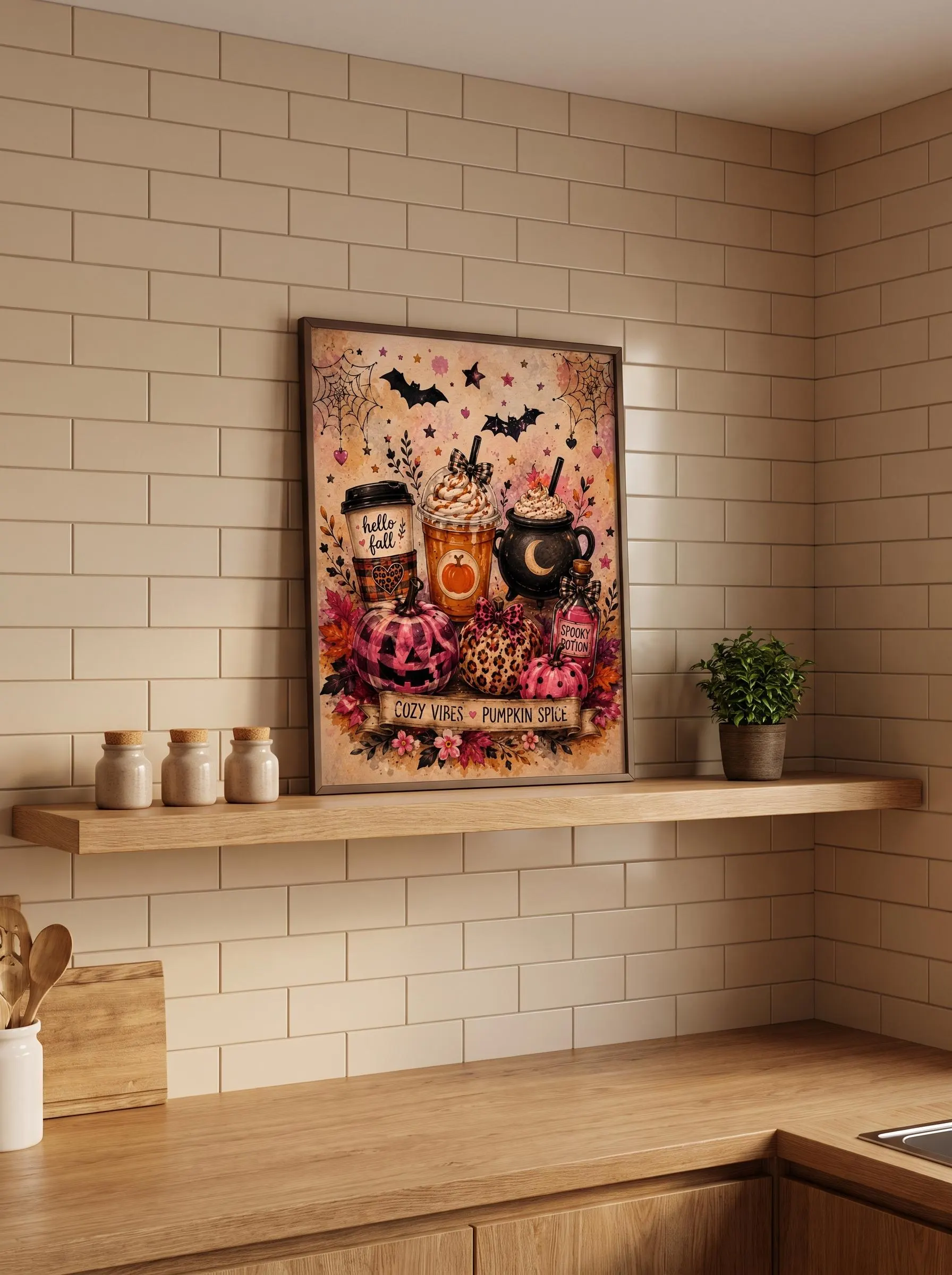 Cozy Vibes Pumpkin Spice Print, Pink Leopard Halloween Illustration Wall Decor, Cute Fall Poster - image 4