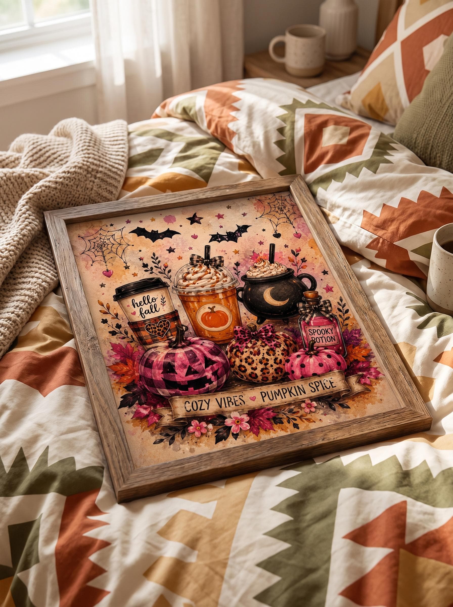 Cozy Vibes Pumpkin Spice Print, Pink Leopard Halloween Illustration Wall Decor, Cute Fall Poster - image 3
