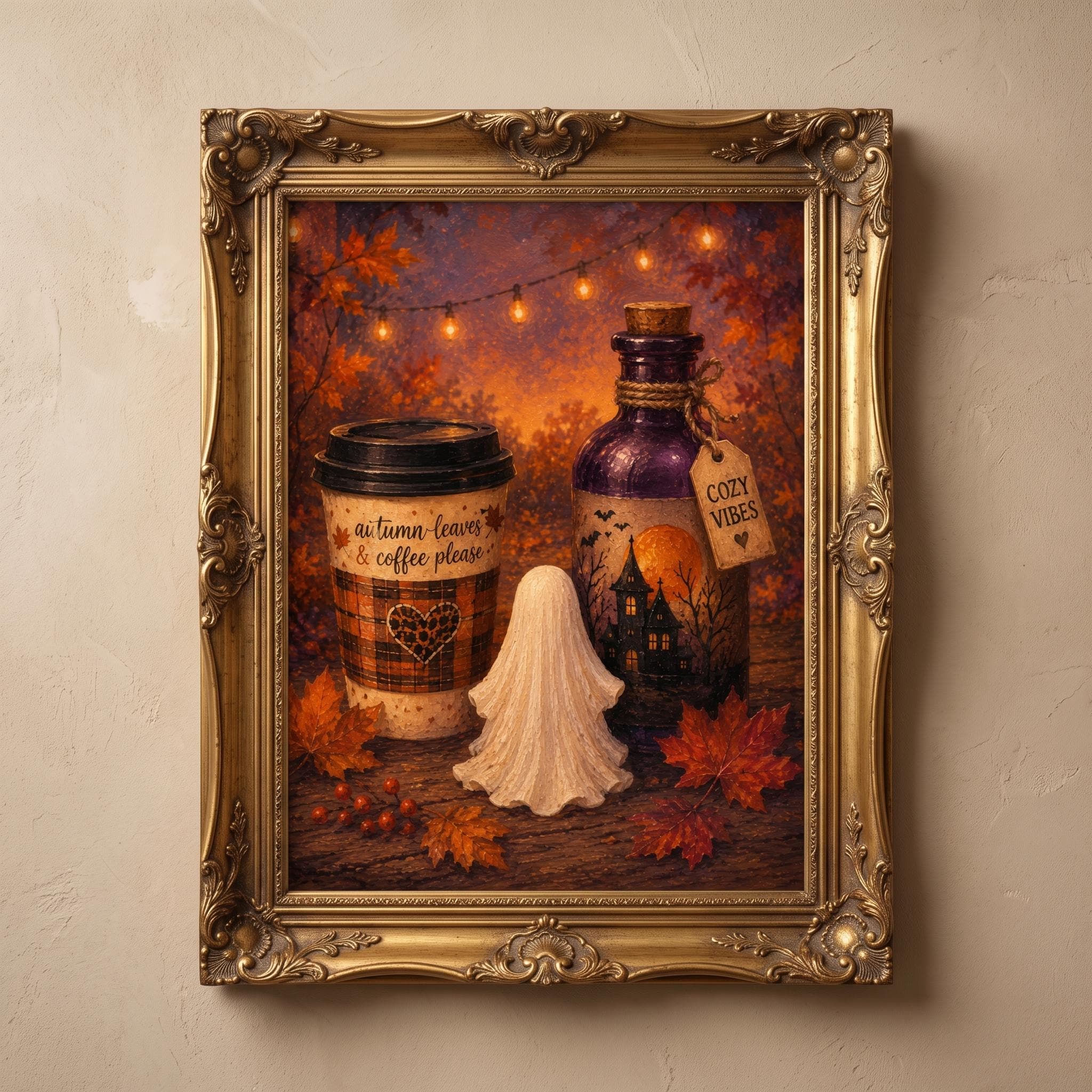 Cozy Vibes Potion Bottle Print, Orange Autumn Ghost Coffee Wall Decor, Warm Halloween Forest Art