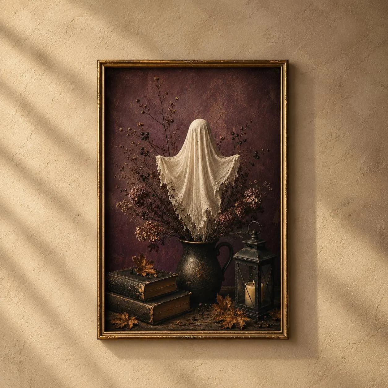 Plum Purple Ghost Vase Print, Antique Books Lantern Fall Wall Decor, Moody Halloween Home Art