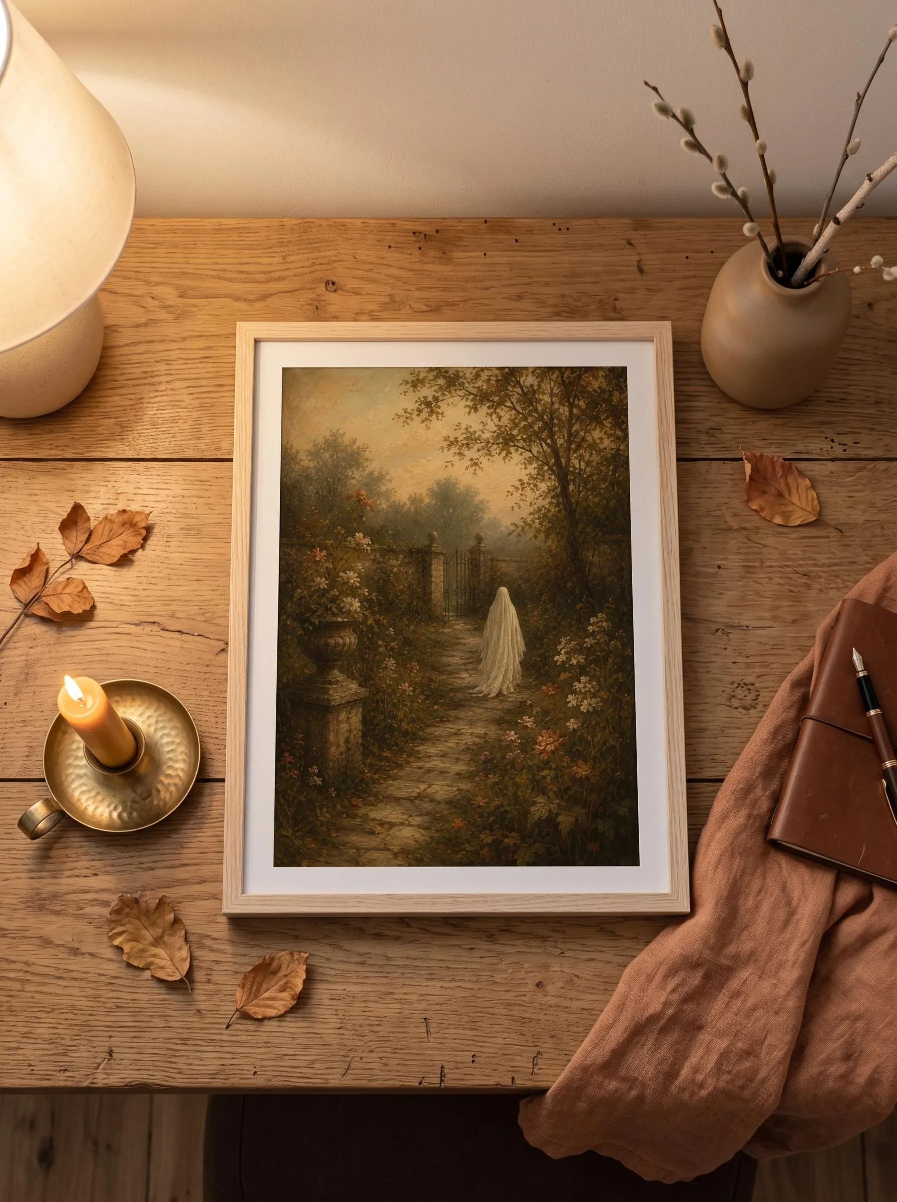 Formal Estate Garden Ghost Wall Art | Iron Gate Stone Pillar Painting | Elegant Vintage Wall Decor Print - image 3