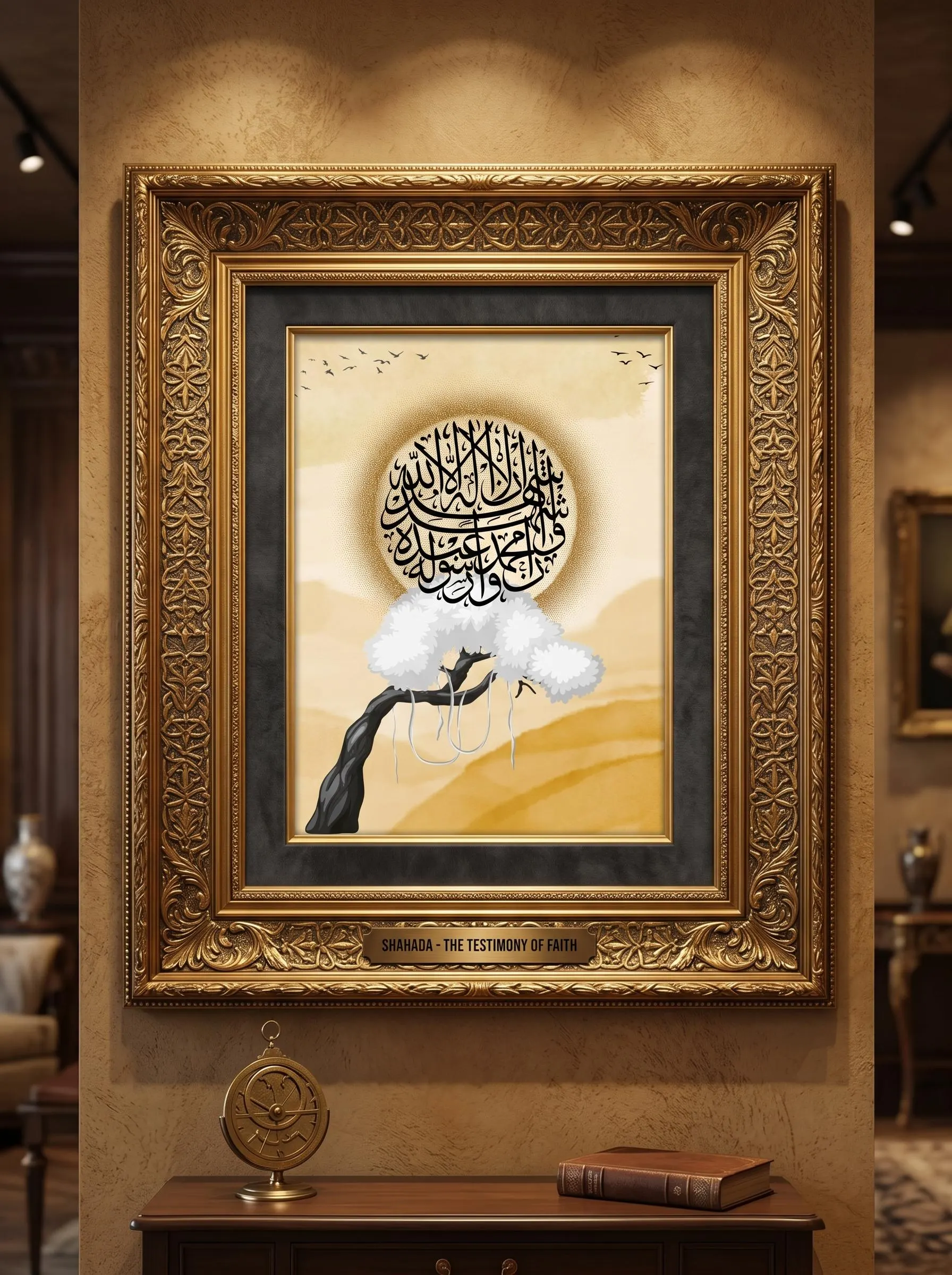 Kalima Shahada Islamic Wall Art, Arabic Calligraphy Desert Tree Golden Print, Muslim Home Decor Printable, Ramadan Eid Gift Download PNG - image 2
