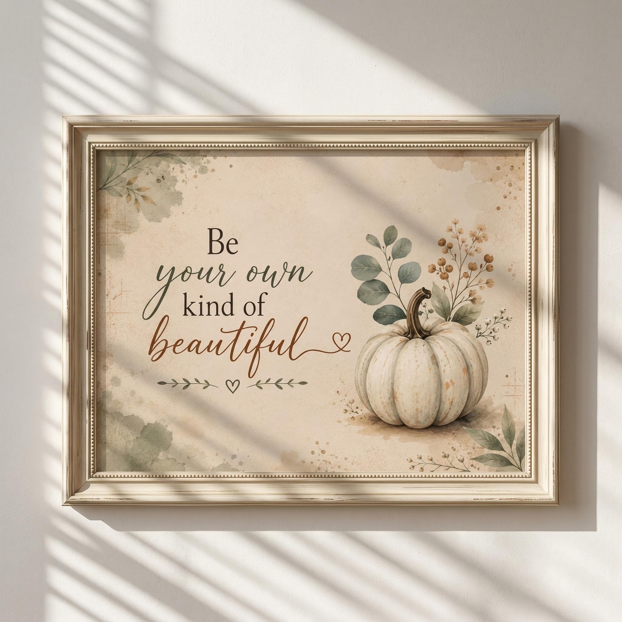 Sage Green Wall Art | Be Your Own Kind Of Beautiful Poster, Watercolor Pumpkin Quote Wall Decor, Inspirational Fall Sign For Study Table