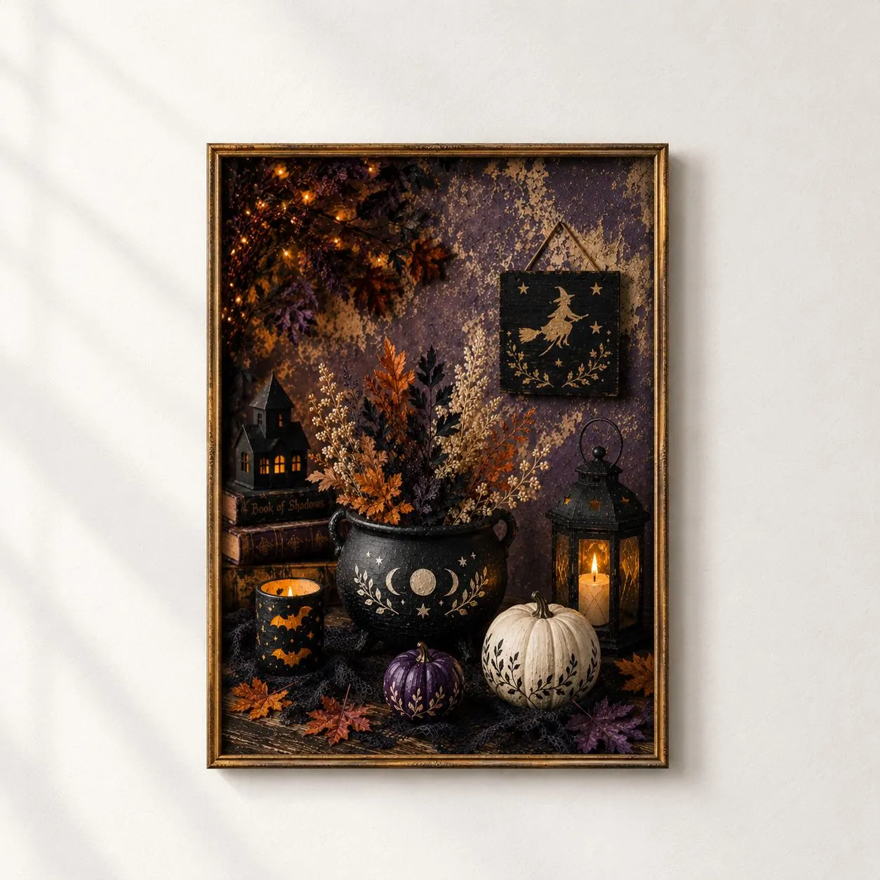 Witchy Halloween Cauldron Print, Moon Phase Book Of Shadows Wall Decor, Dark Cottagecore Home Art