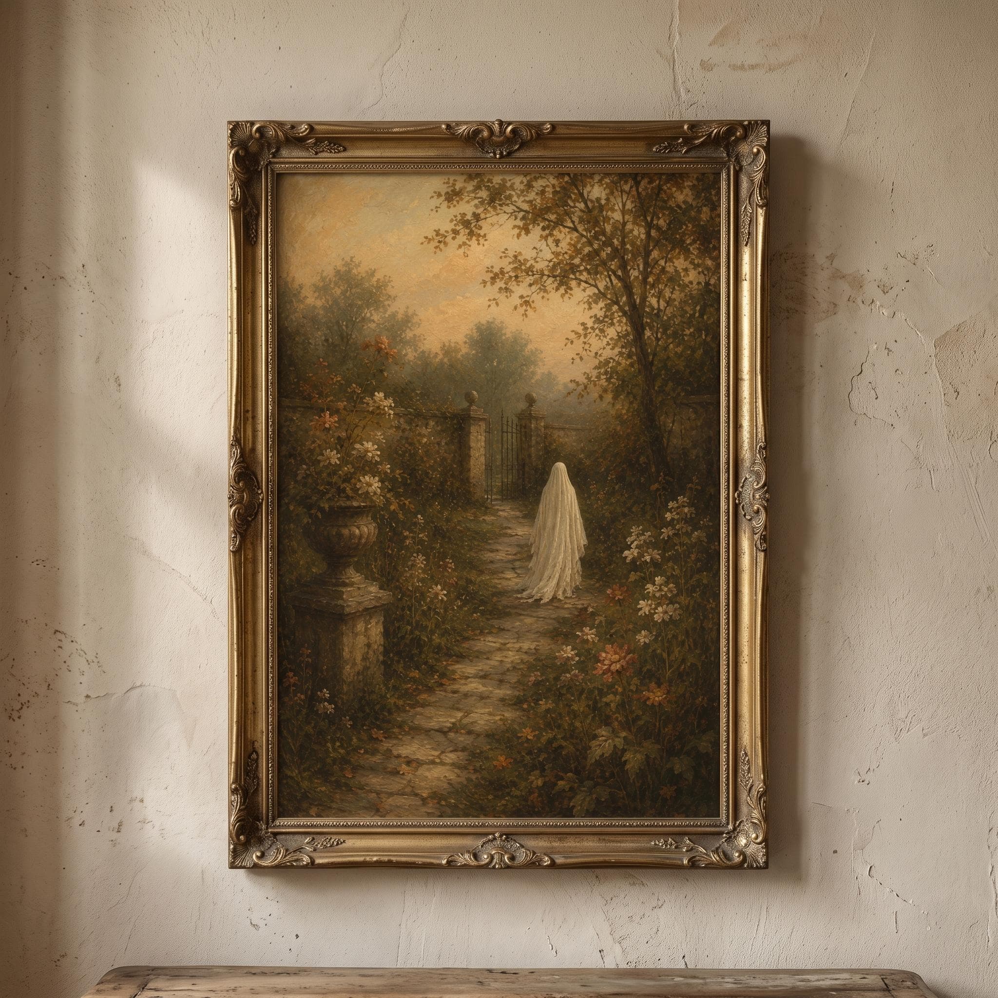 Formal Estate Garden Ghost Wall Art | Iron Gate Stone Pillar Painting | Elegant Vintage Wall Decor Print
