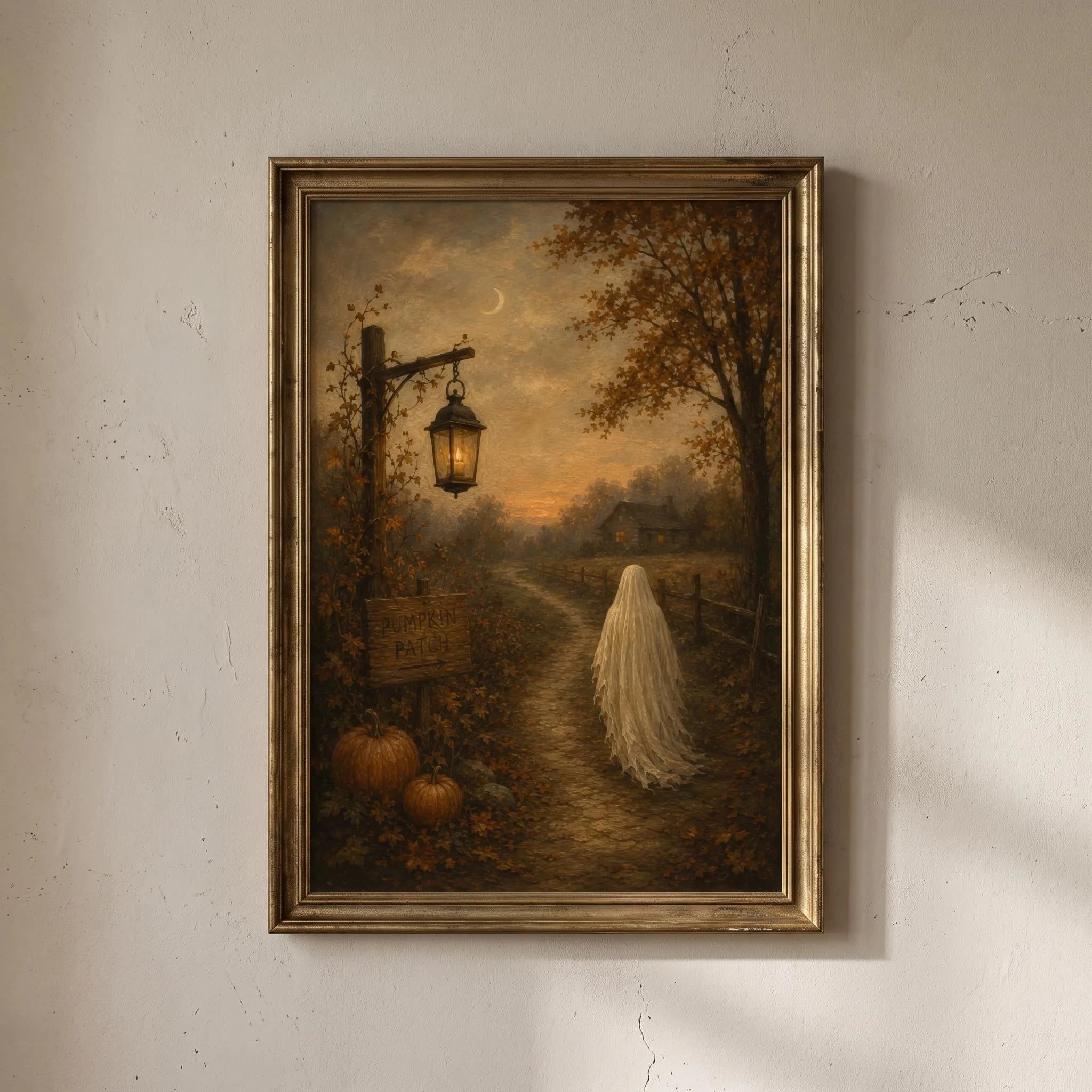 Vintage Pumpkin Patch Ghost Painting | Country Path Autumn Landscape Art | Moody Farmhouse Wall Poster For Room And Kitchen Wall Decor