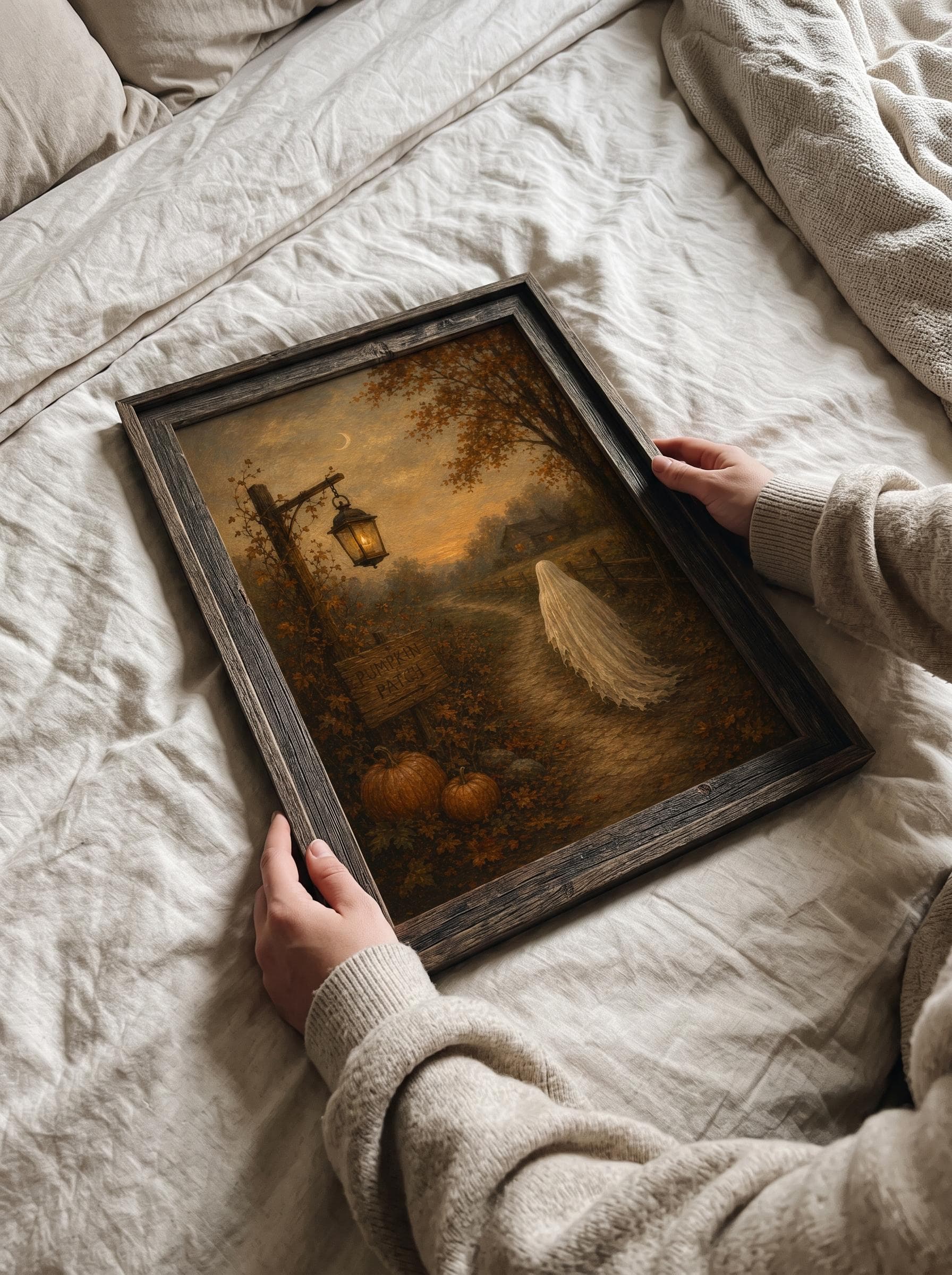 Vintage Pumpkin Patch Ghost Painting | Country Path Autumn Landscape Art | Moody Farmhouse Wall Poster For Room And Kitchen Wall Decor - image 5
