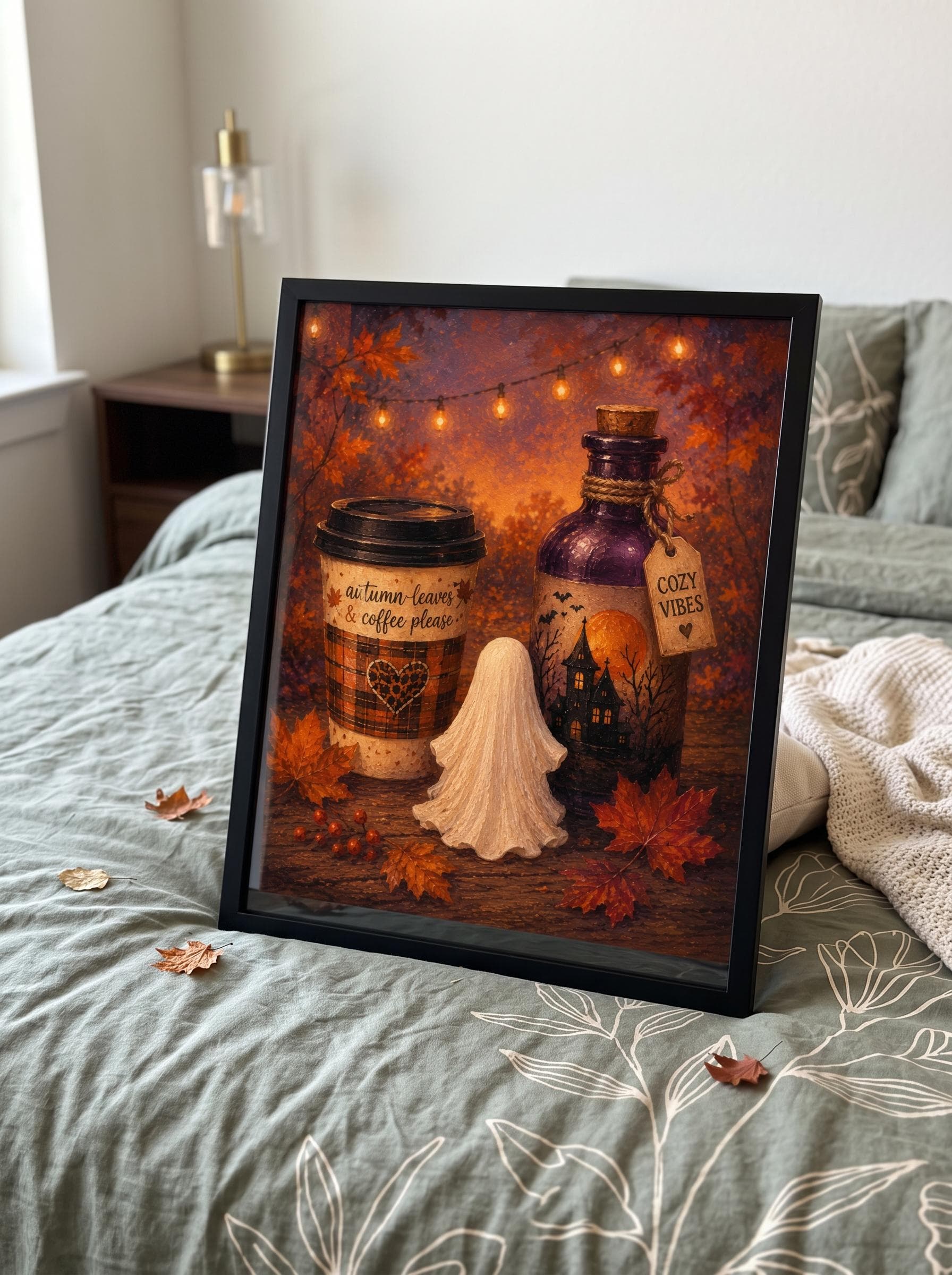 Cozy Autumn Ghost Coffee Wall Art, Halloween Forest Scene (Digital Download)