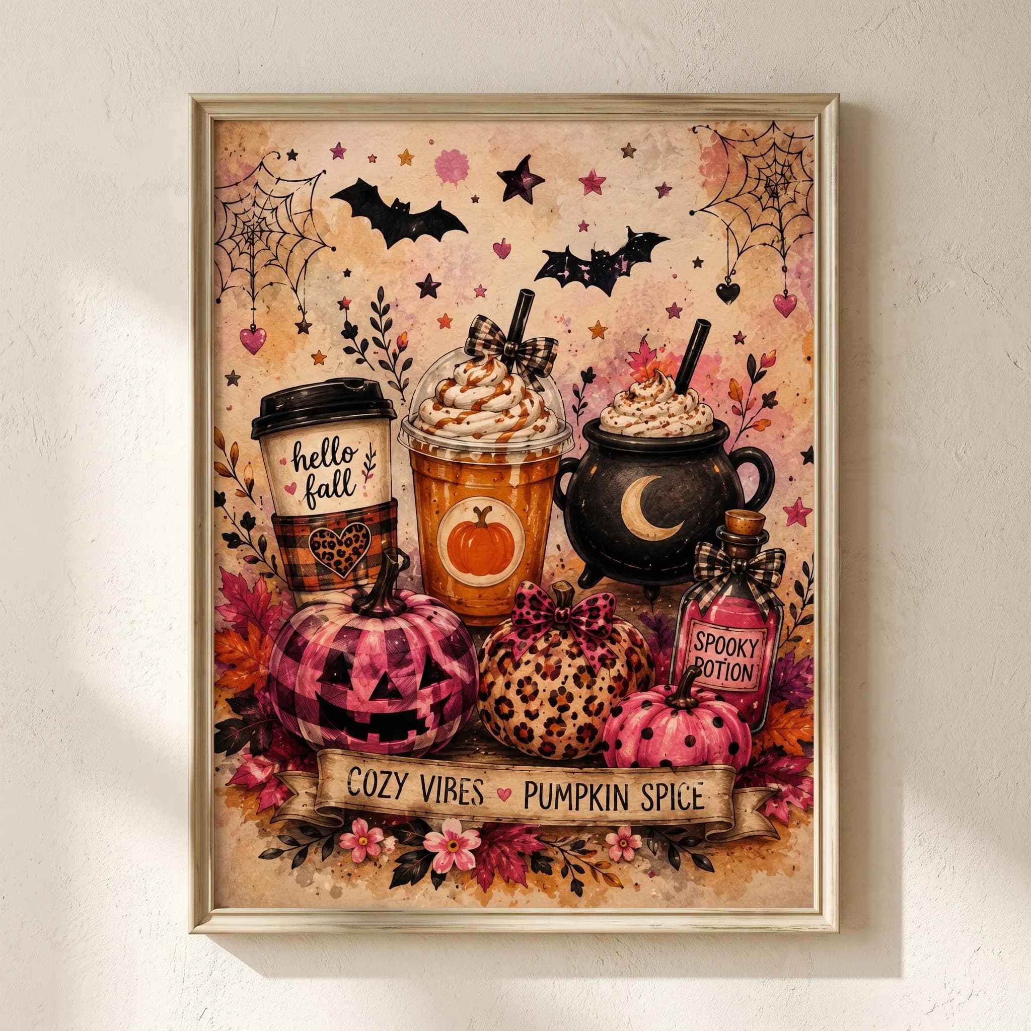 Cozy Vibes Pumpkin Spice Print, Pink Leopard Halloween Illustration Wall Decor, Cute Fall Poster