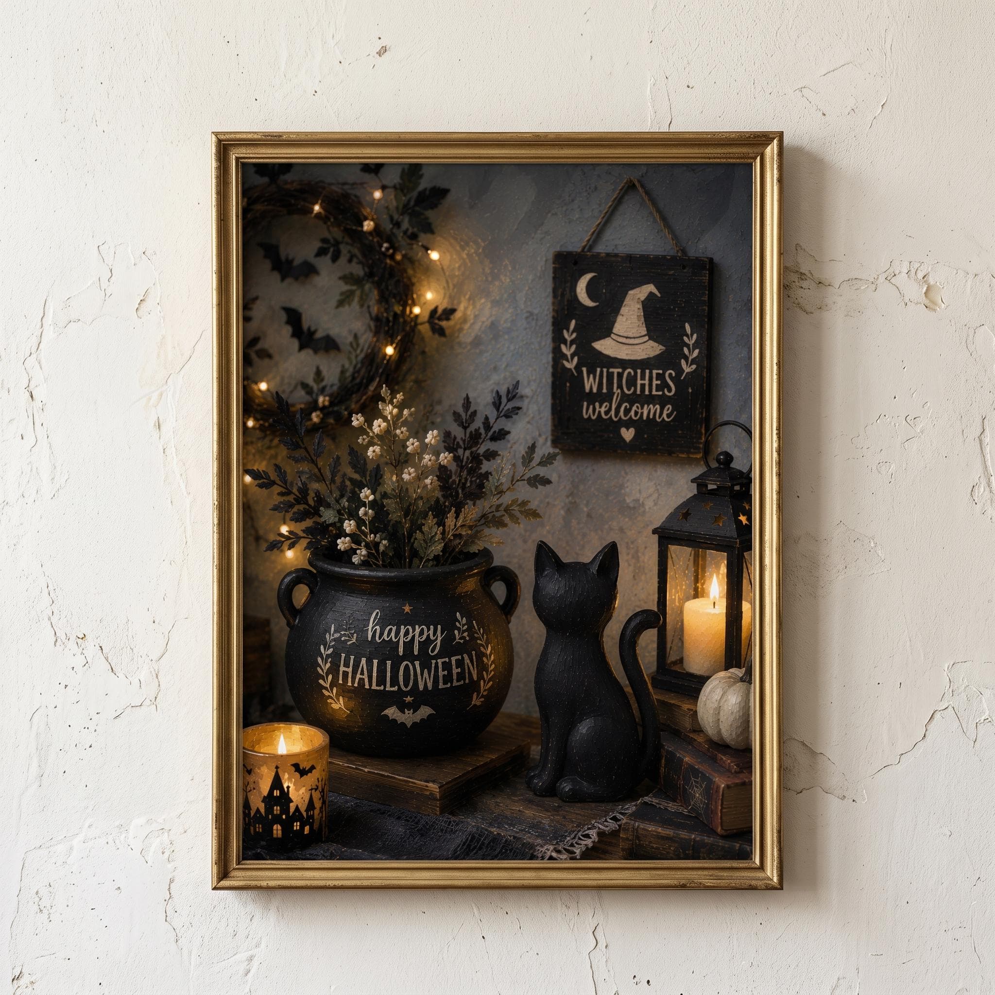 Happy Halloween Black Cat Print, Witches Welcome Sign Wall Decor, Cozy Cauldron Mantel Home Art