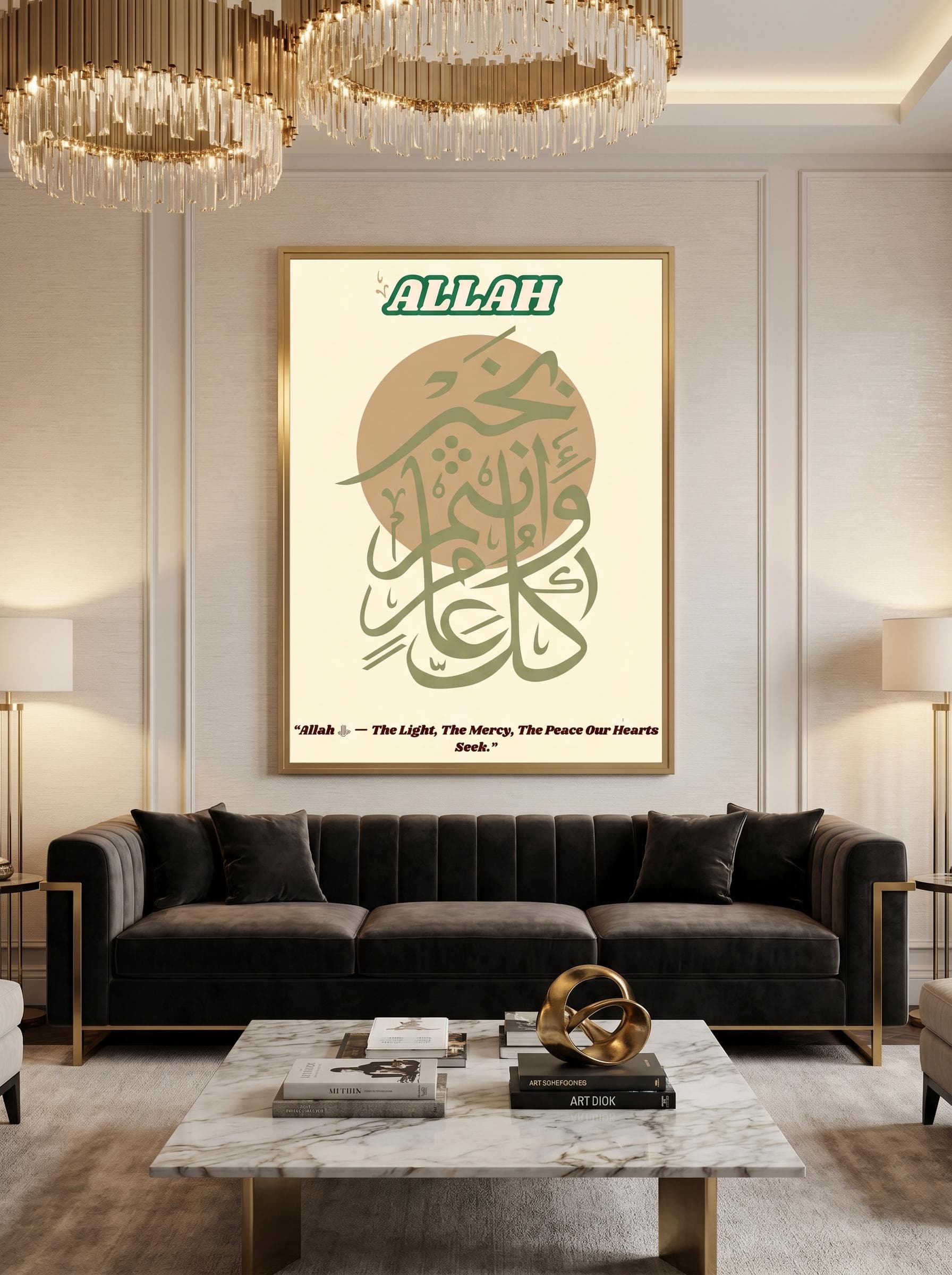 May include: A framed print with Arabic calligraphy, the word "ALLAH" in green, and a circular design. The text at the bottom reads: "Allah - The Light, The Mercy, The Peace Our Hearts Seek." The print is displayed above a dark grey sofa.