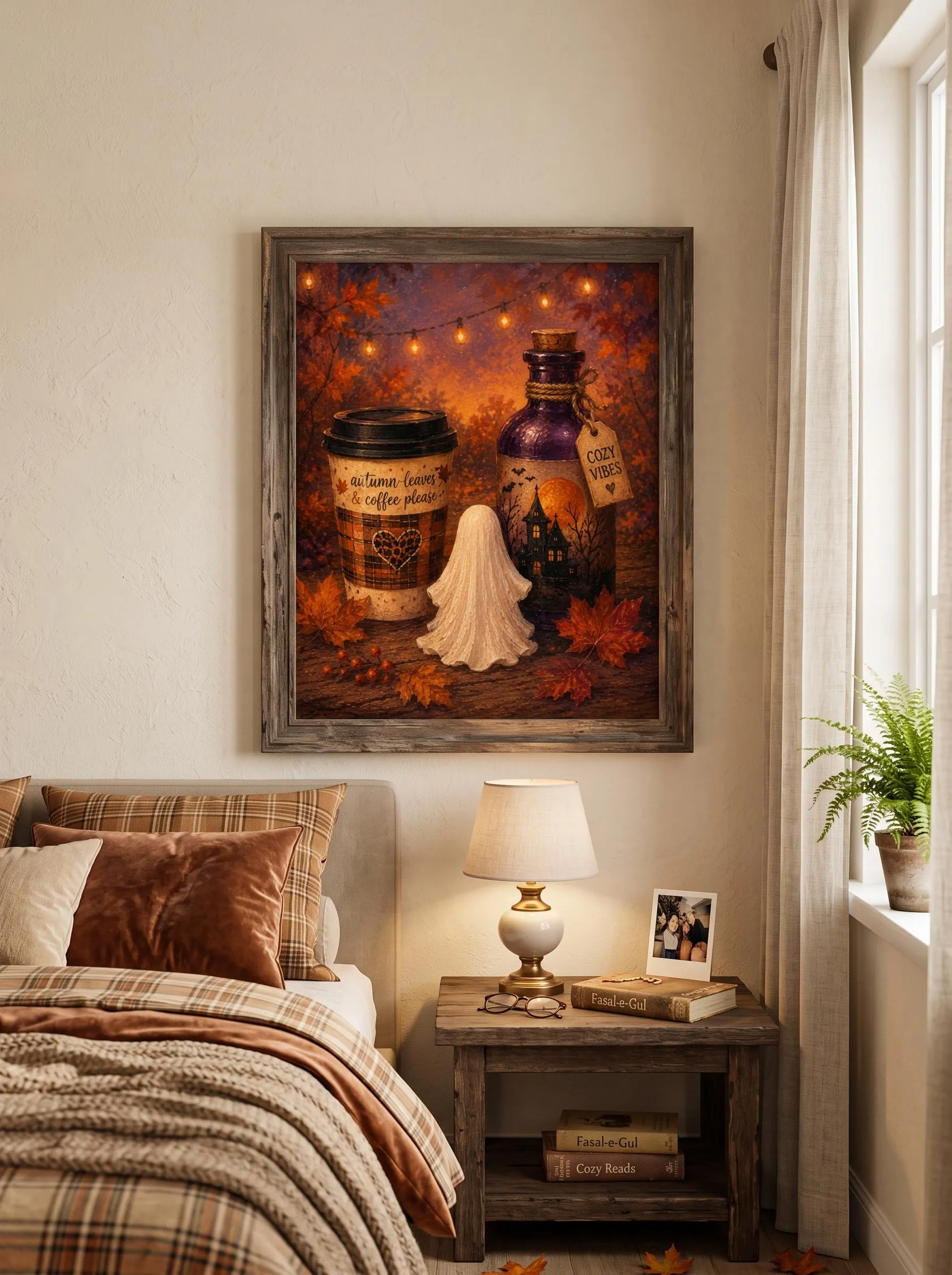 Cozy Vibes Potion Bottle Print, Orange Autumn Ghost Coffee Wall Decor, Warm Halloween Forest Art - image 5
