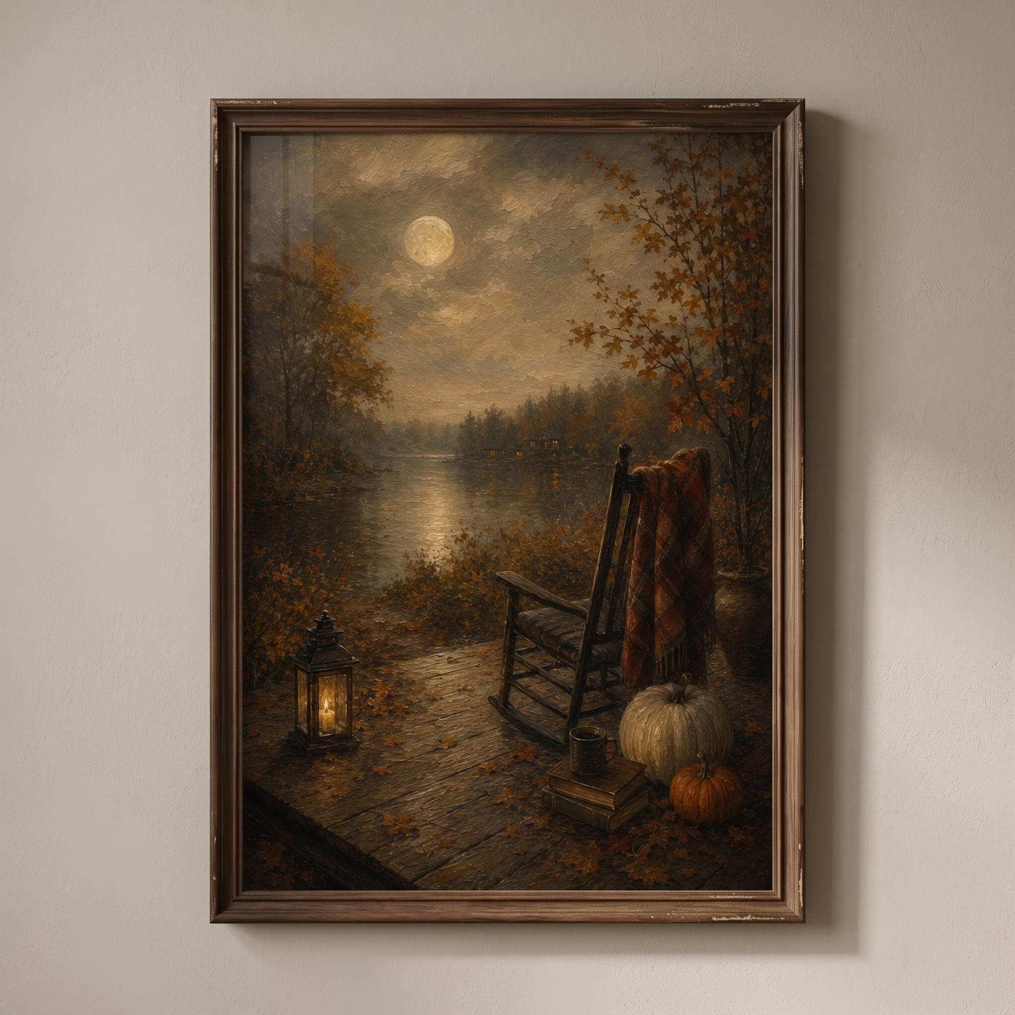 Moody Moonlit Dock Oil Painting Print, Autumn Lake Cabin Scene, Rustic Rocking Chair Evening Wall Art