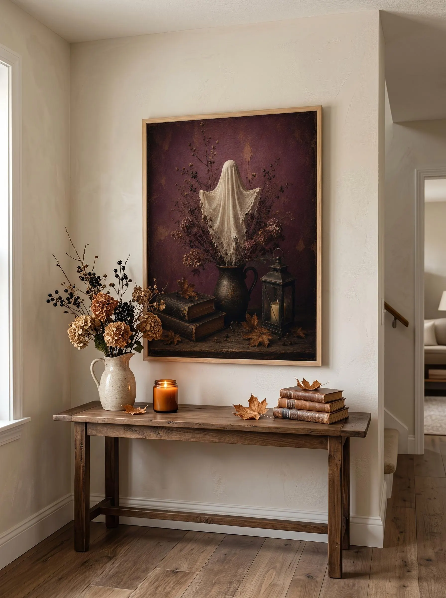 Plum Purple Ghost Vase Print, Antique Books Lantern Fall Wall Decor, Moody Halloween Home Art - image 4
