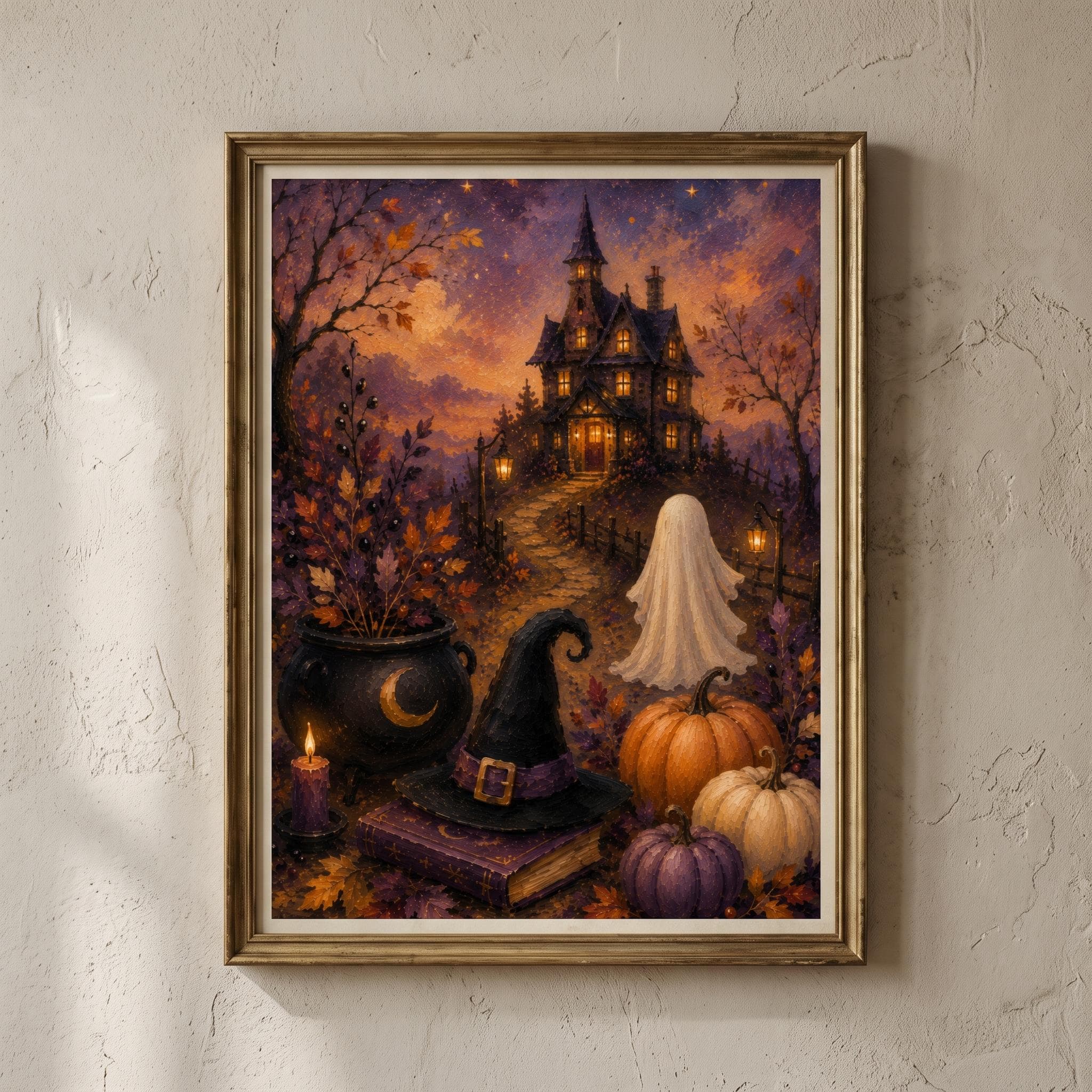 Haunted Victorian Mansion Print, Ghost Witch Hat Pumpkin Oil Painting Wall Decor, Halloween Home Art