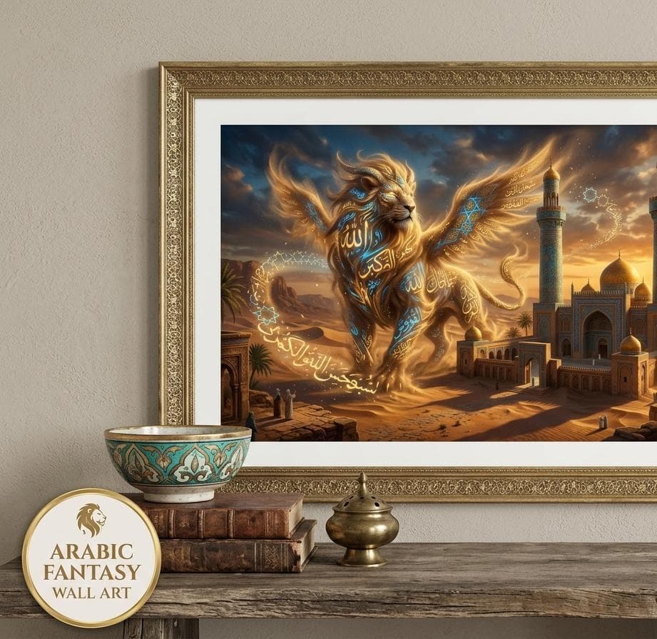 Islamic Fantasy Art Print | Desert Guardian Mosque, Arabic Calligraphy (Digital Download)