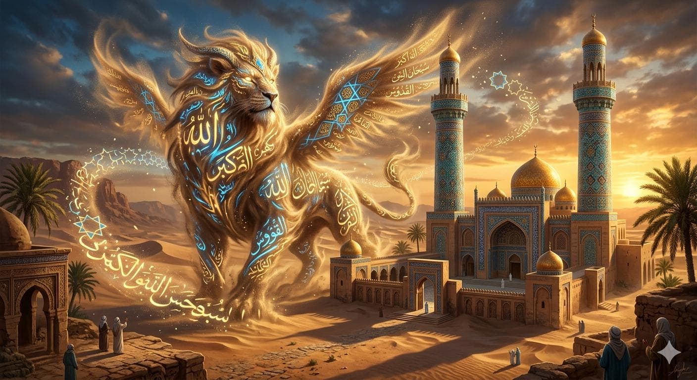 Islamic Fantasy Art Print | Desert Guardian Mosque, Arabic Calligraphy (Digital Download) - image 4